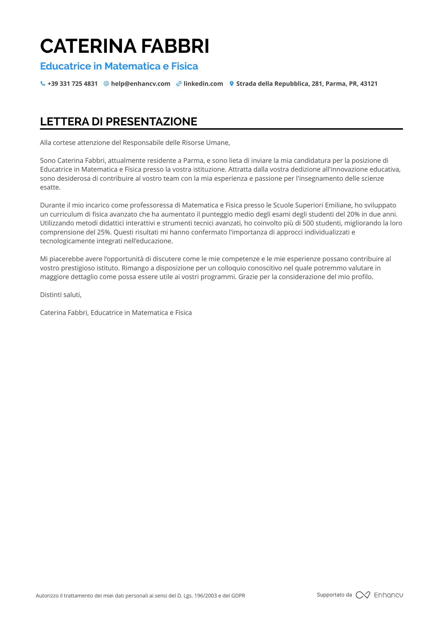 Insegnante di Matematica Resume Example