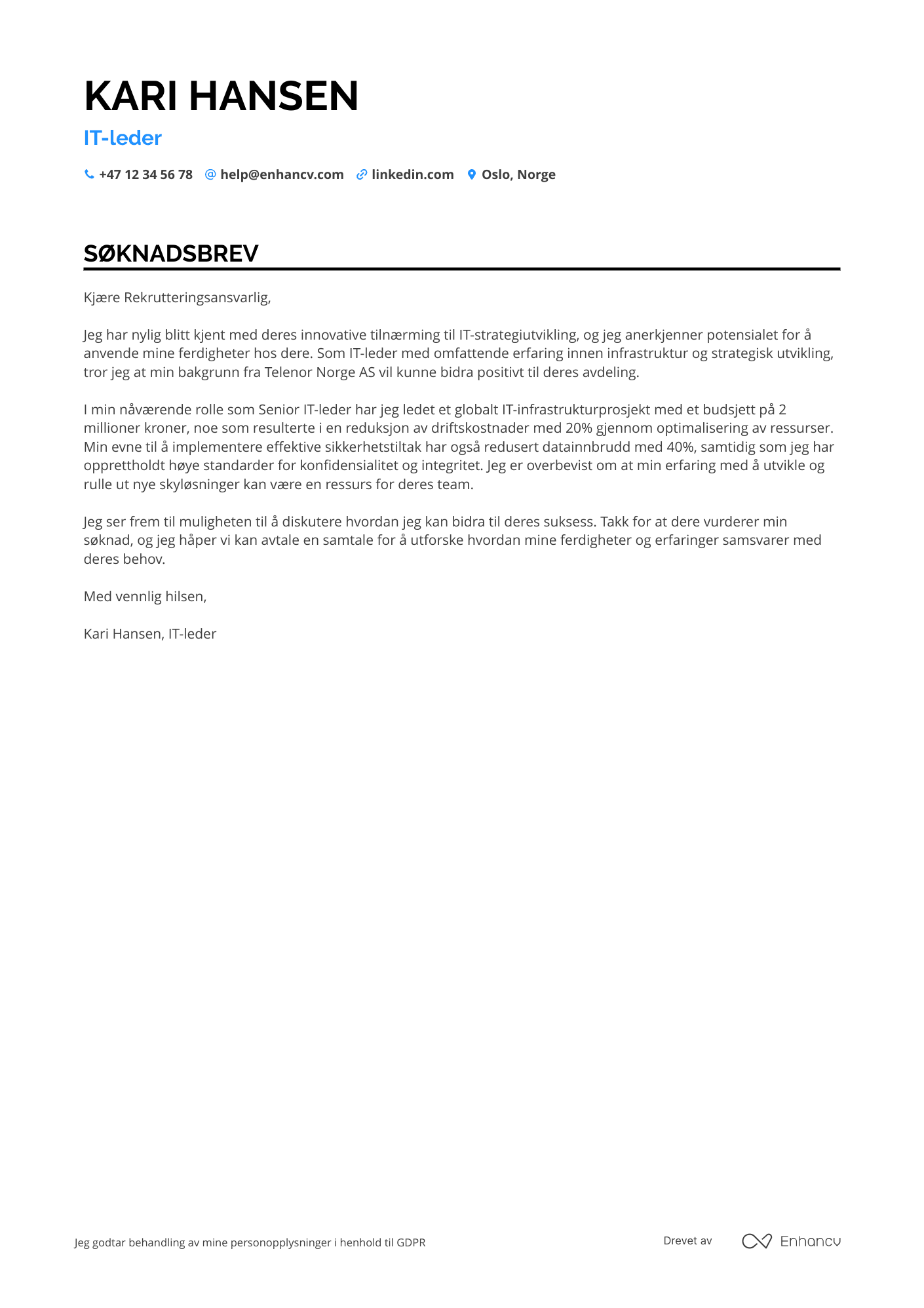 Søknadsbrev for IT leder for infrastruktur Resume Example