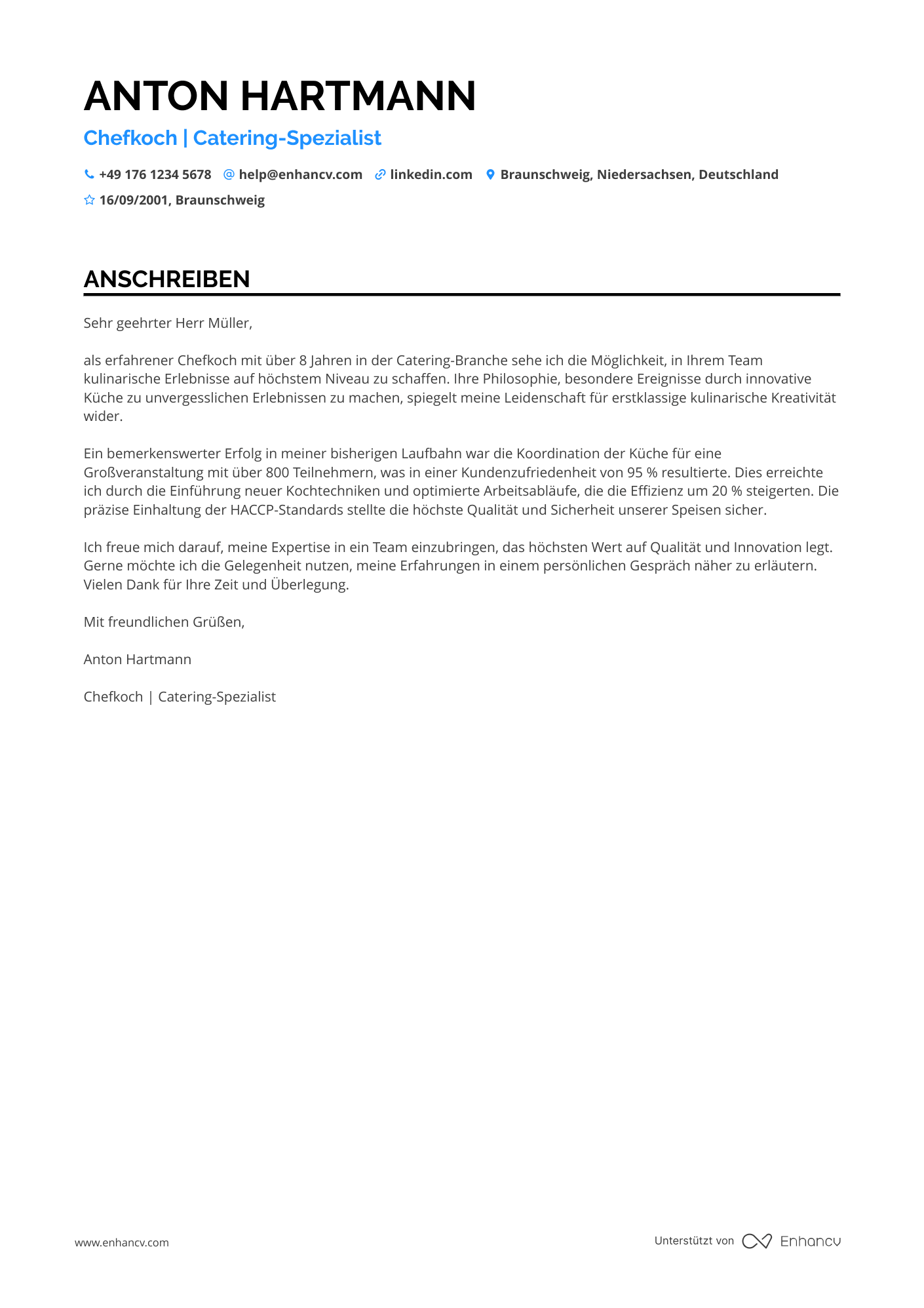 Koch in der Catering Industrie Resume Example
