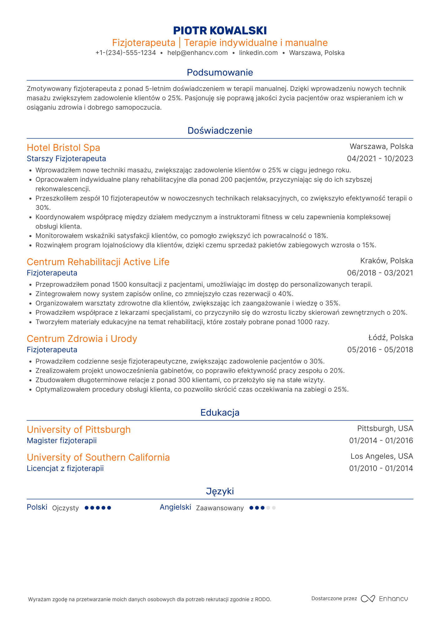 CV dla Fizjoterapeuta w Centrum Spa Resume Example