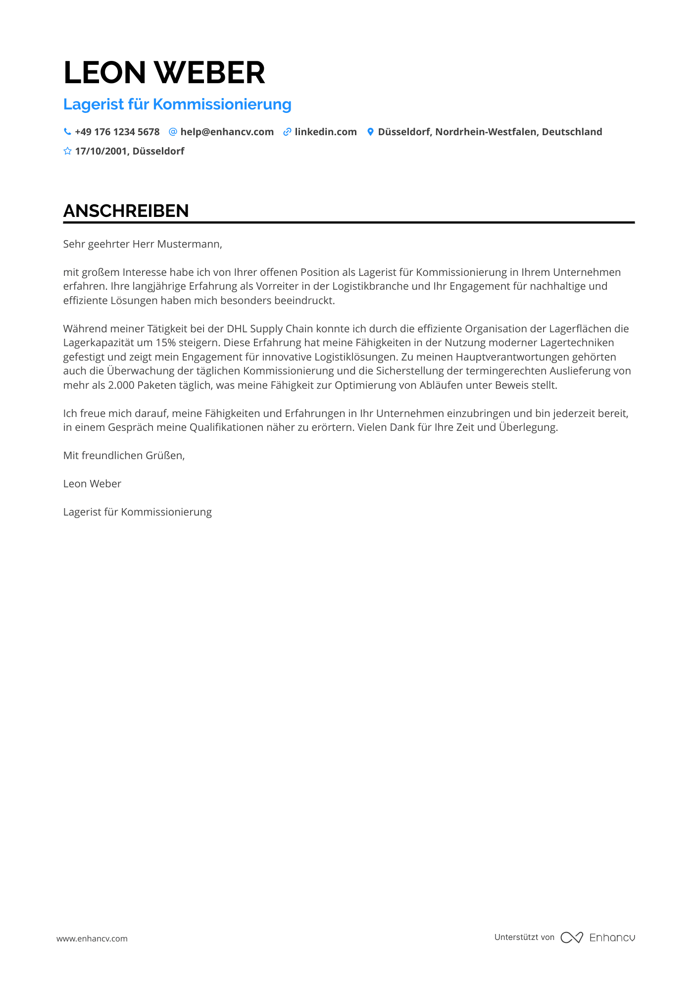 Lagerist für Kommissionierung Resume Example