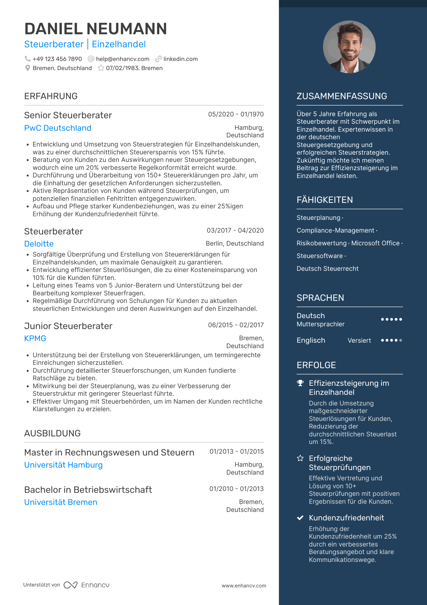 Lebenslauf in Steuerberater im Einzelhandel Resume Example