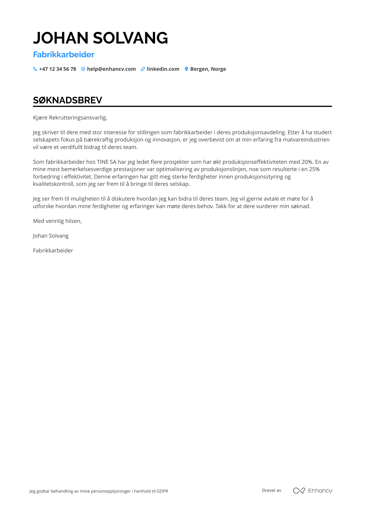 Søknadsbrev for Fabrikkarbeider Matproduksjon Resume Example