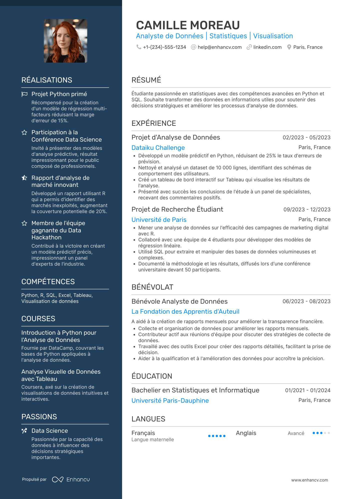 CV pour un stage de data analyst Resume Example