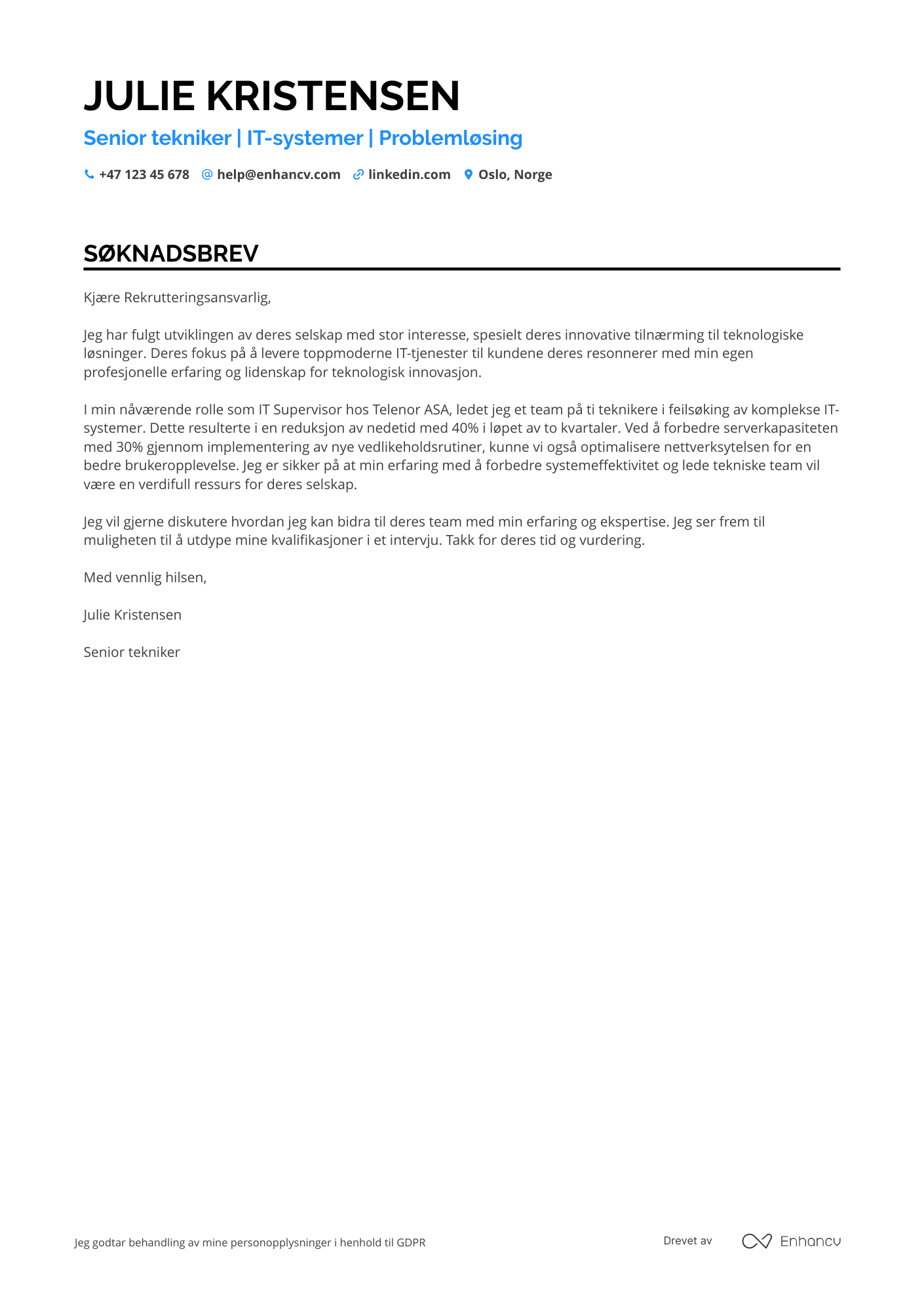 Søknadsbrev for Senior tekniker Resume Example