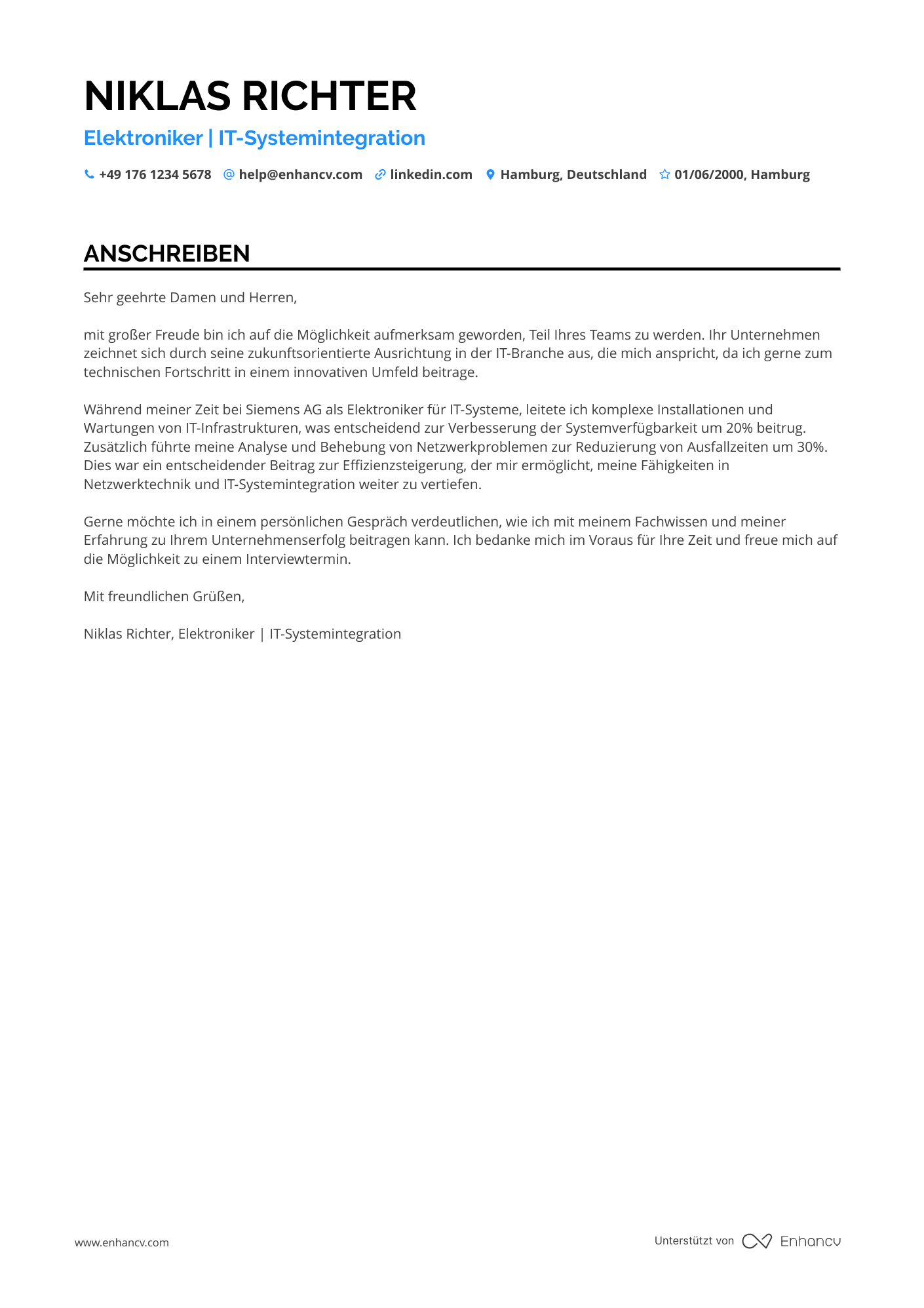 Elektroniker in der IT Branche Resume Example