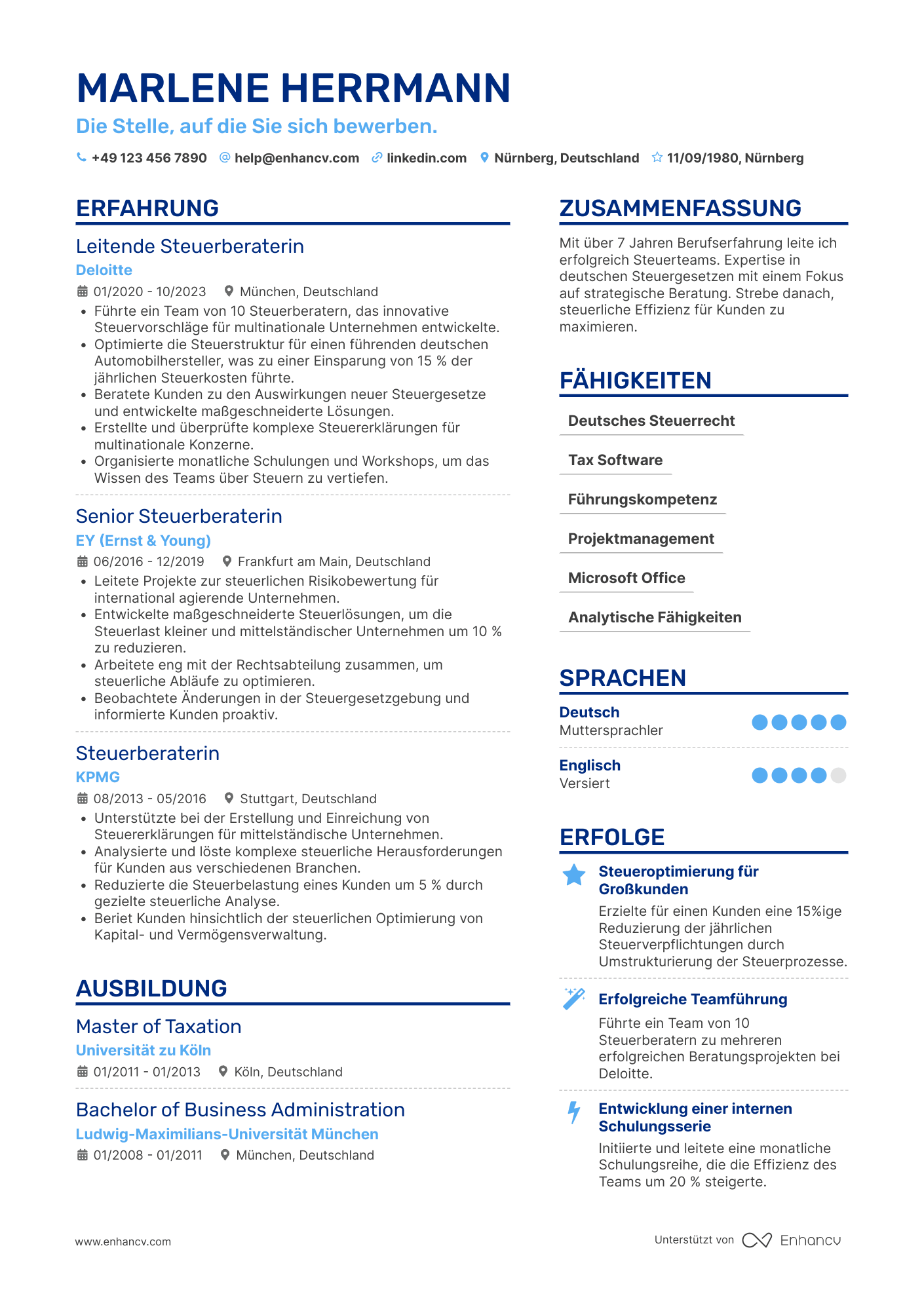 Lebenslauf als Leitender Steuerberater Resume Example