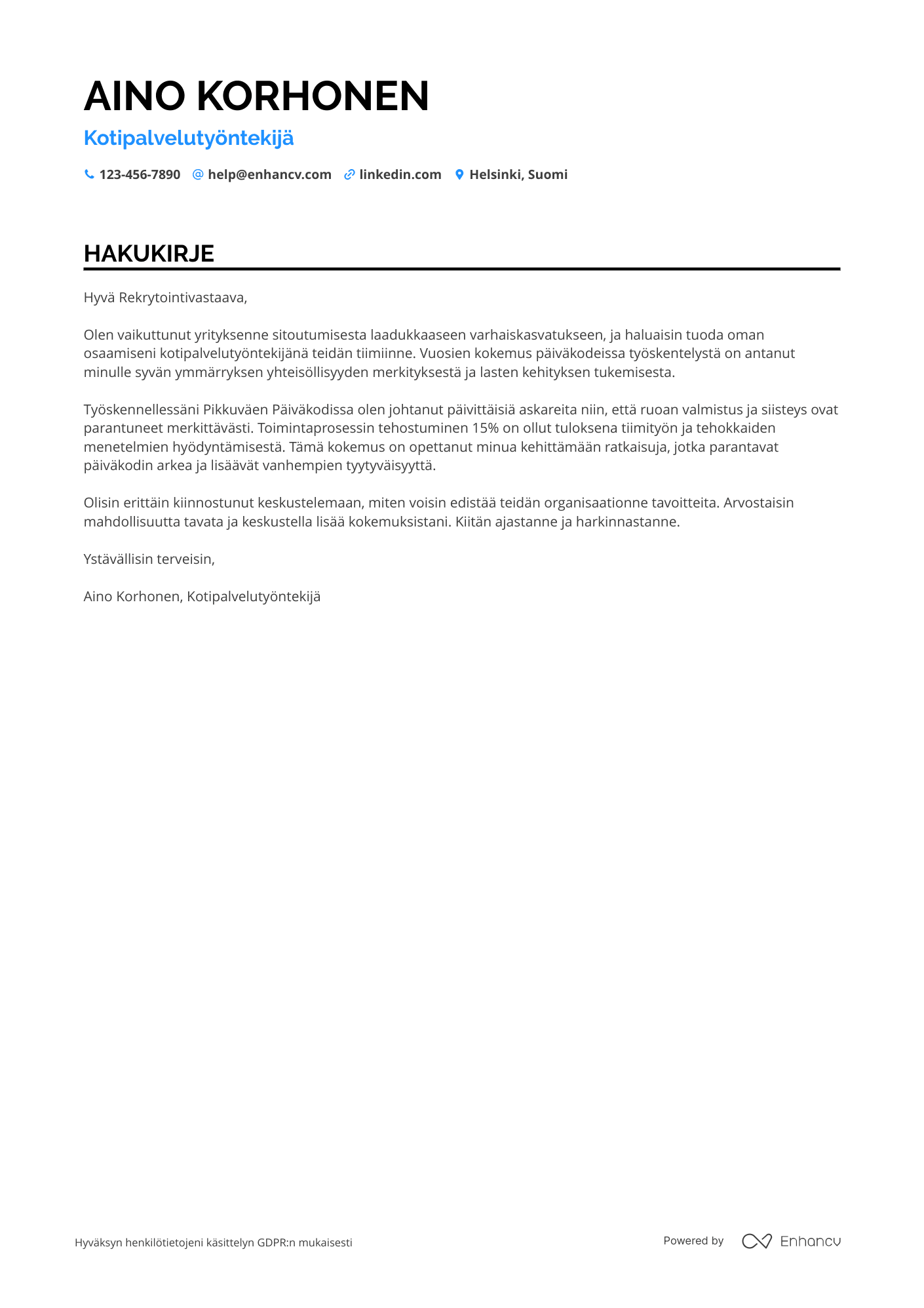 Hakukirje Päiväkodin kotipalvelutyöntekijä Resume Example