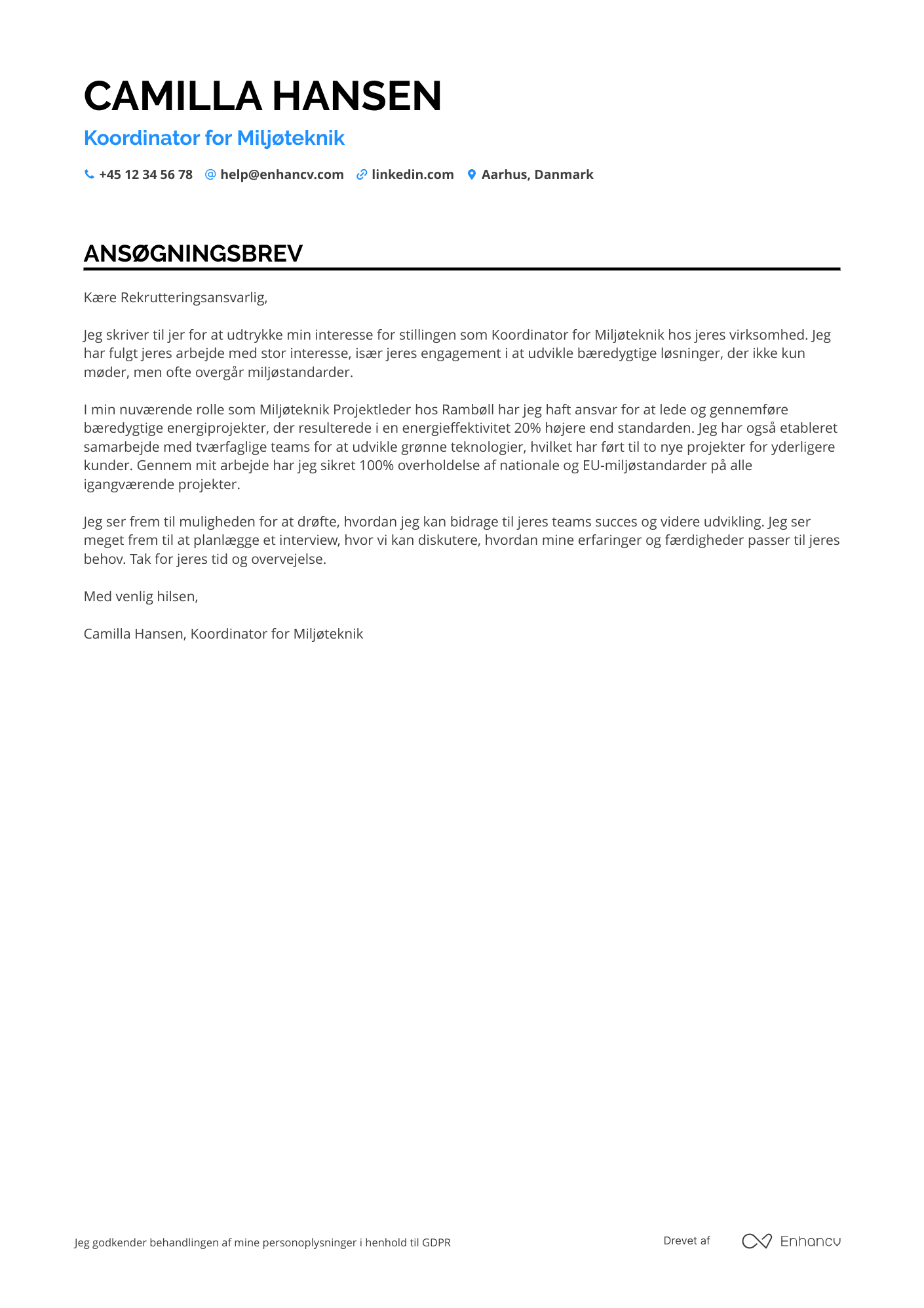 Ansøgningsbrev til Koordinator for miljøteknik Resume Example