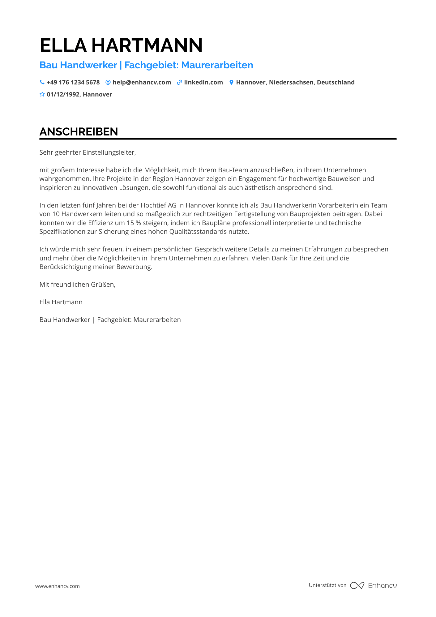 Bau Handwerker Resume Example