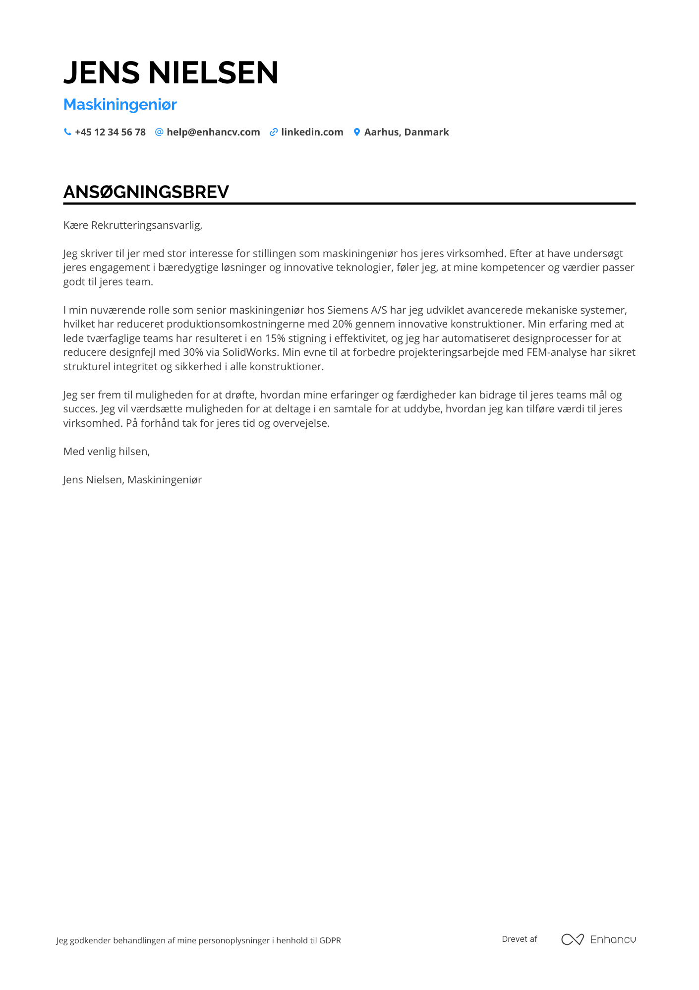Ansøgningsbrev til Maskiningeniør – Konstruktion Resume Example