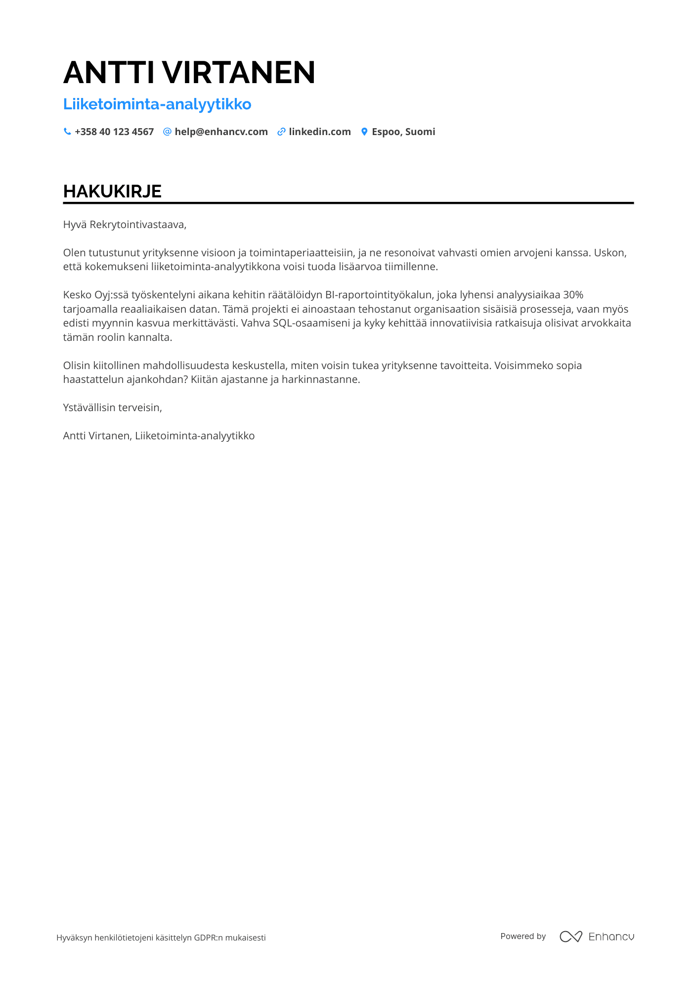 Hakukirje Liiketoiminta analyytikko – Vähittäiskauppa Resume Example