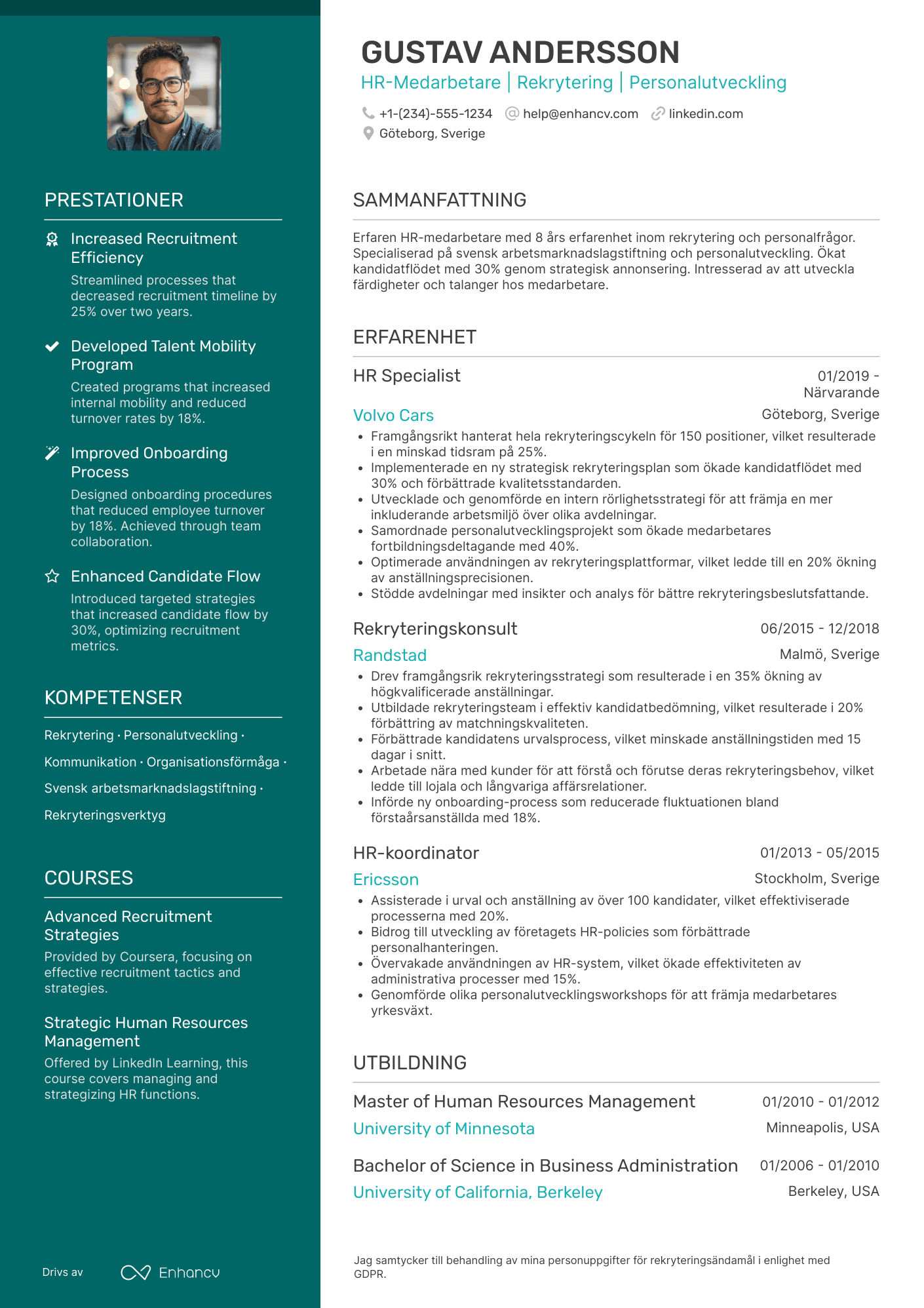 CV för HR Medarbetare Rekryterare Resume Example