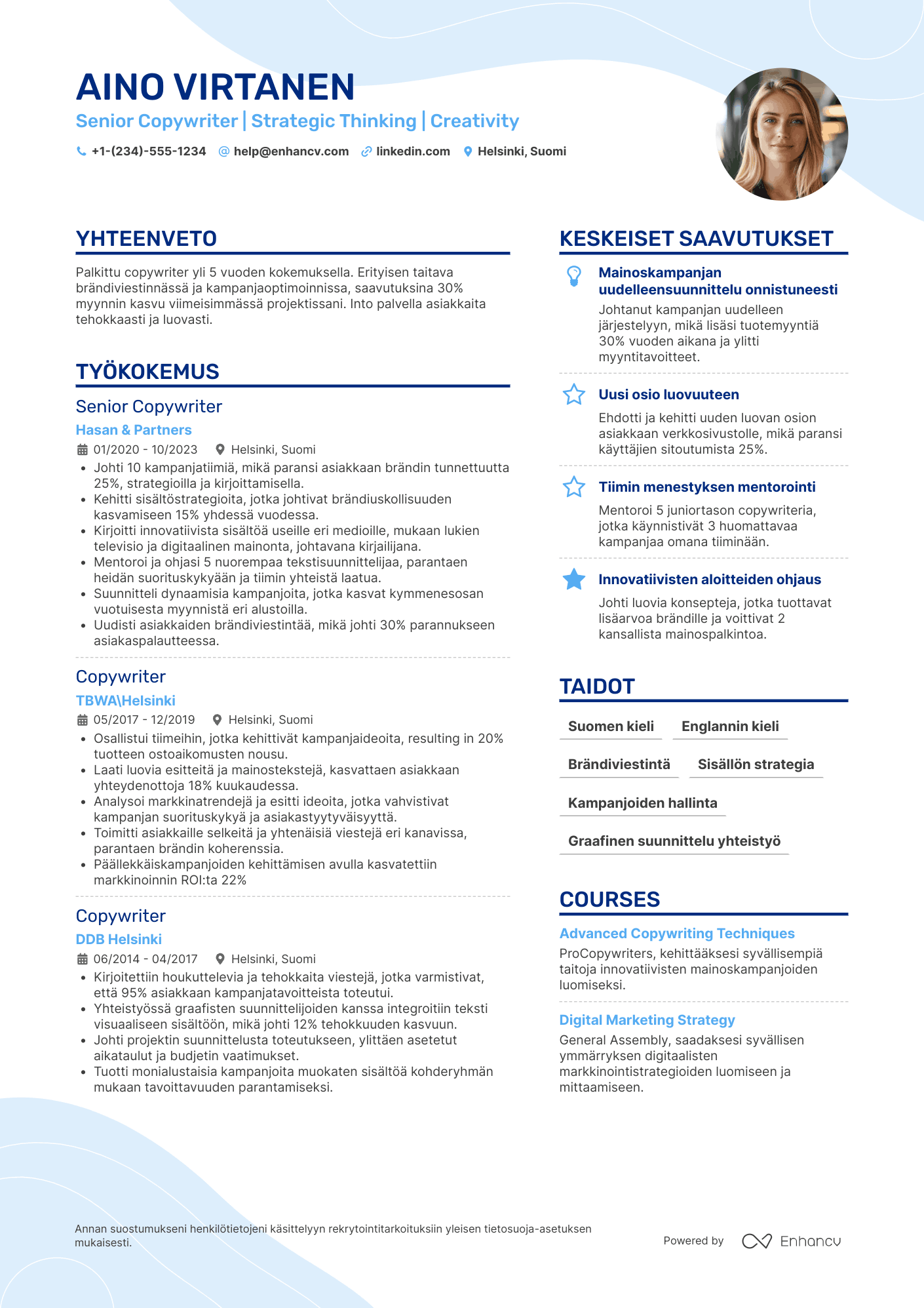 Ansioluettelo Senior Copywriter Resume Example