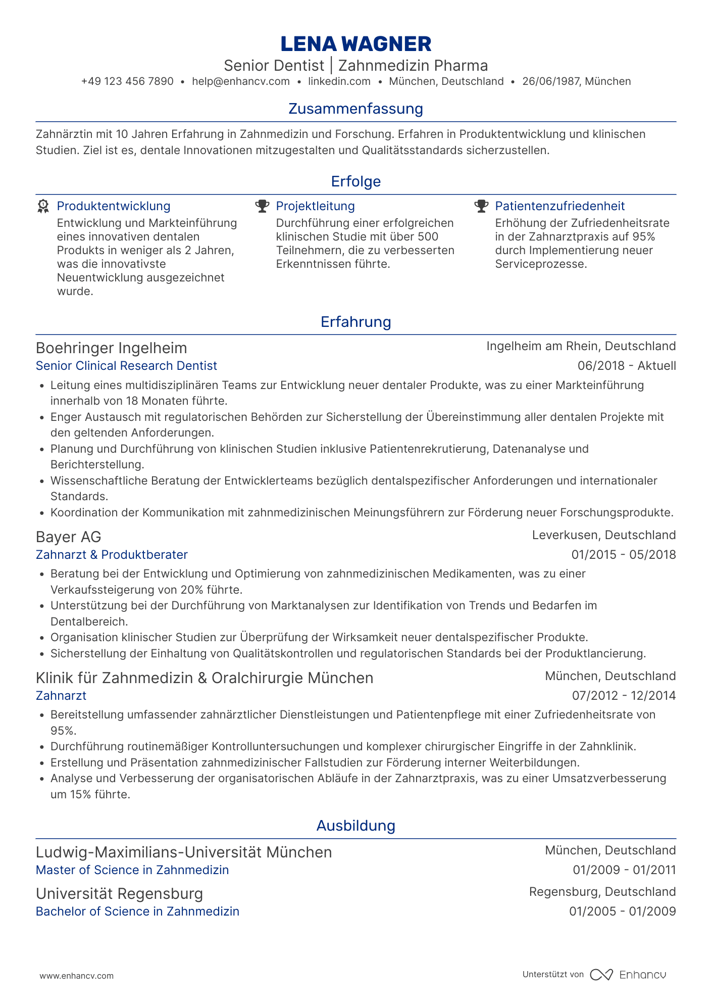 Lebenslauf in Zahnarzt für Zahnmedizin in der Pharmaindustrie Resume Example