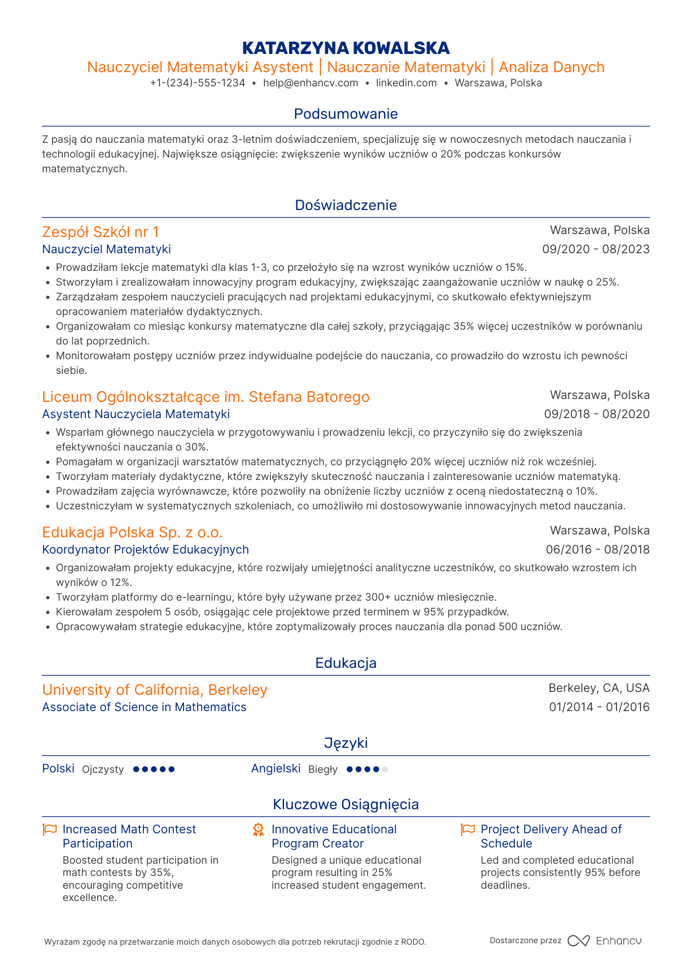 CV dla Nauczyciel Matematyki Asystent Resume Example