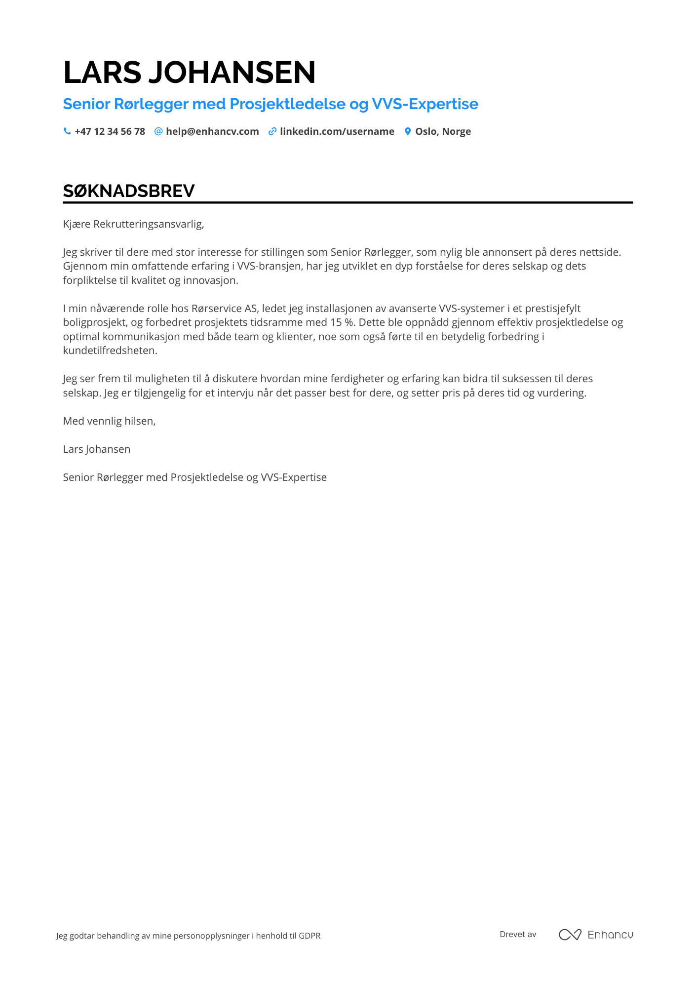 Søknadsbrev for Senior Rørlegger Resume Example