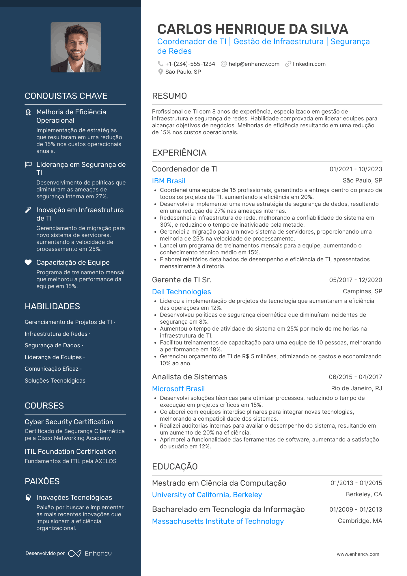 Currículo coordenador de TI Resume Example