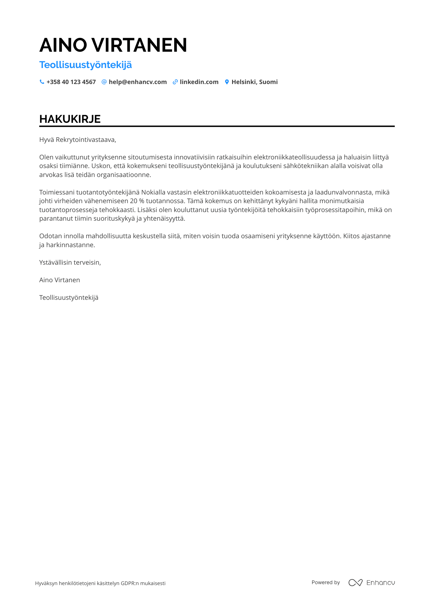 Hakukirje Teollisuustyöntekijä Elektroniikkateollisuus Resume Example