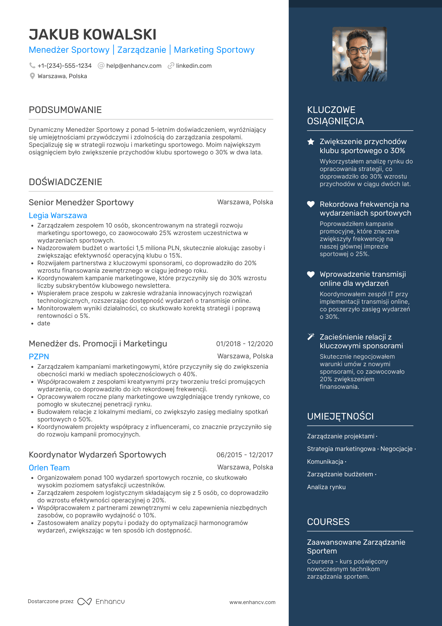 CV dla Menedżer Sportowy Resume Example