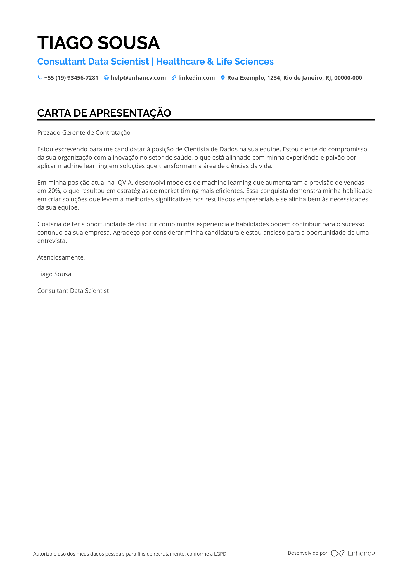 Especialista em Ciência de Dados em Saúde Resume Example