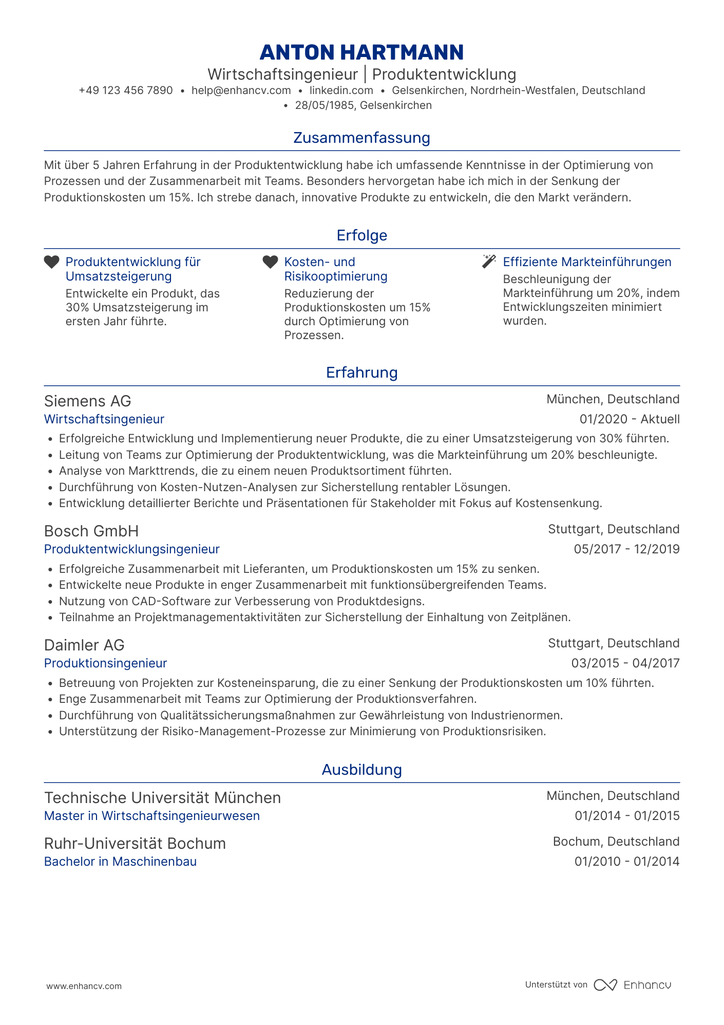 Lebenslauf als Wirtschaftsingenieur in der Produktentwicklung Resume Example