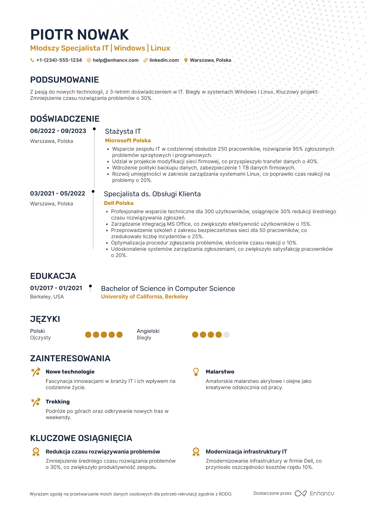 CV dla Młodszy Specjalista IT Resume Example