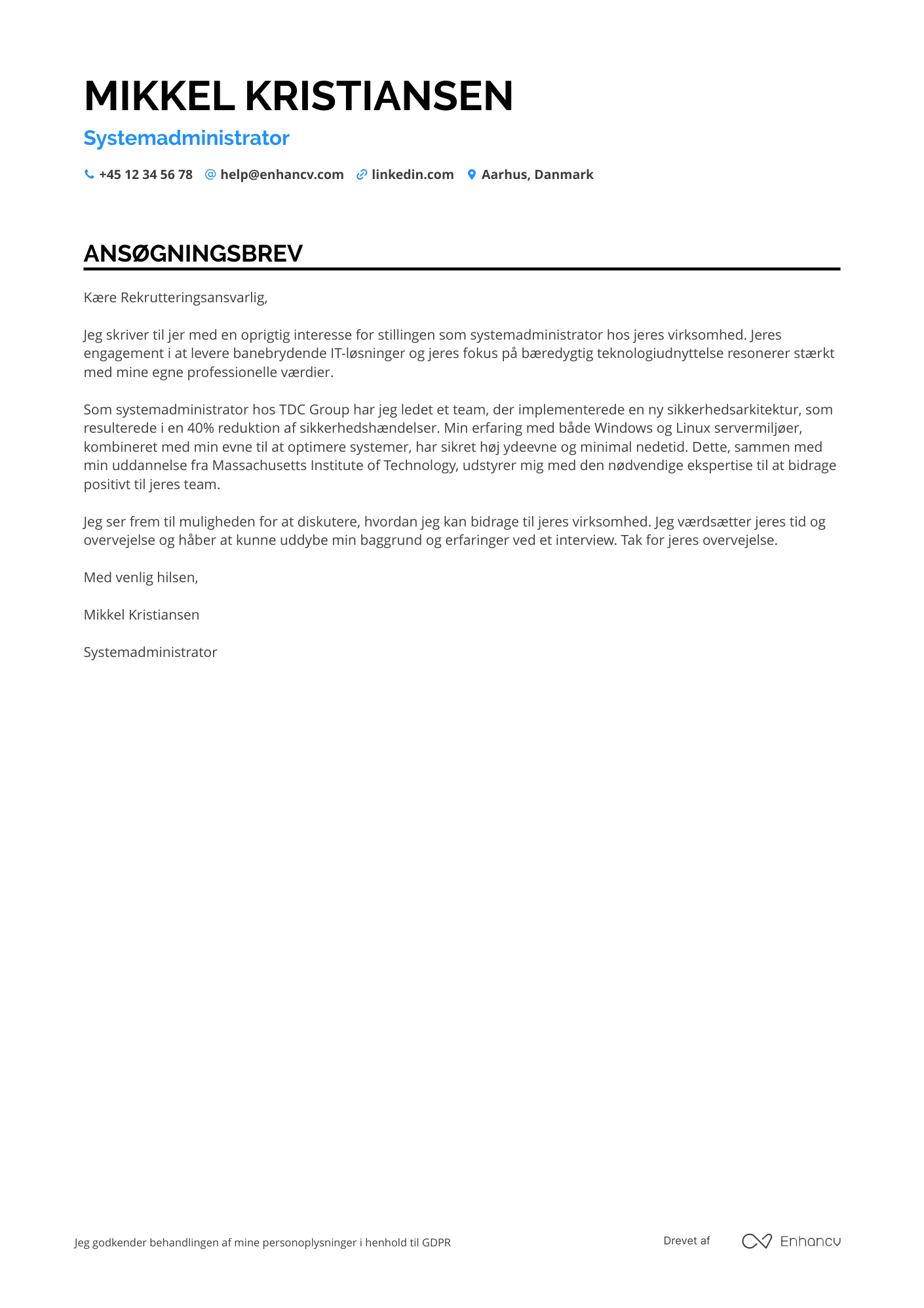 Ansøgningsbrev til Systemadministrator Resume Example