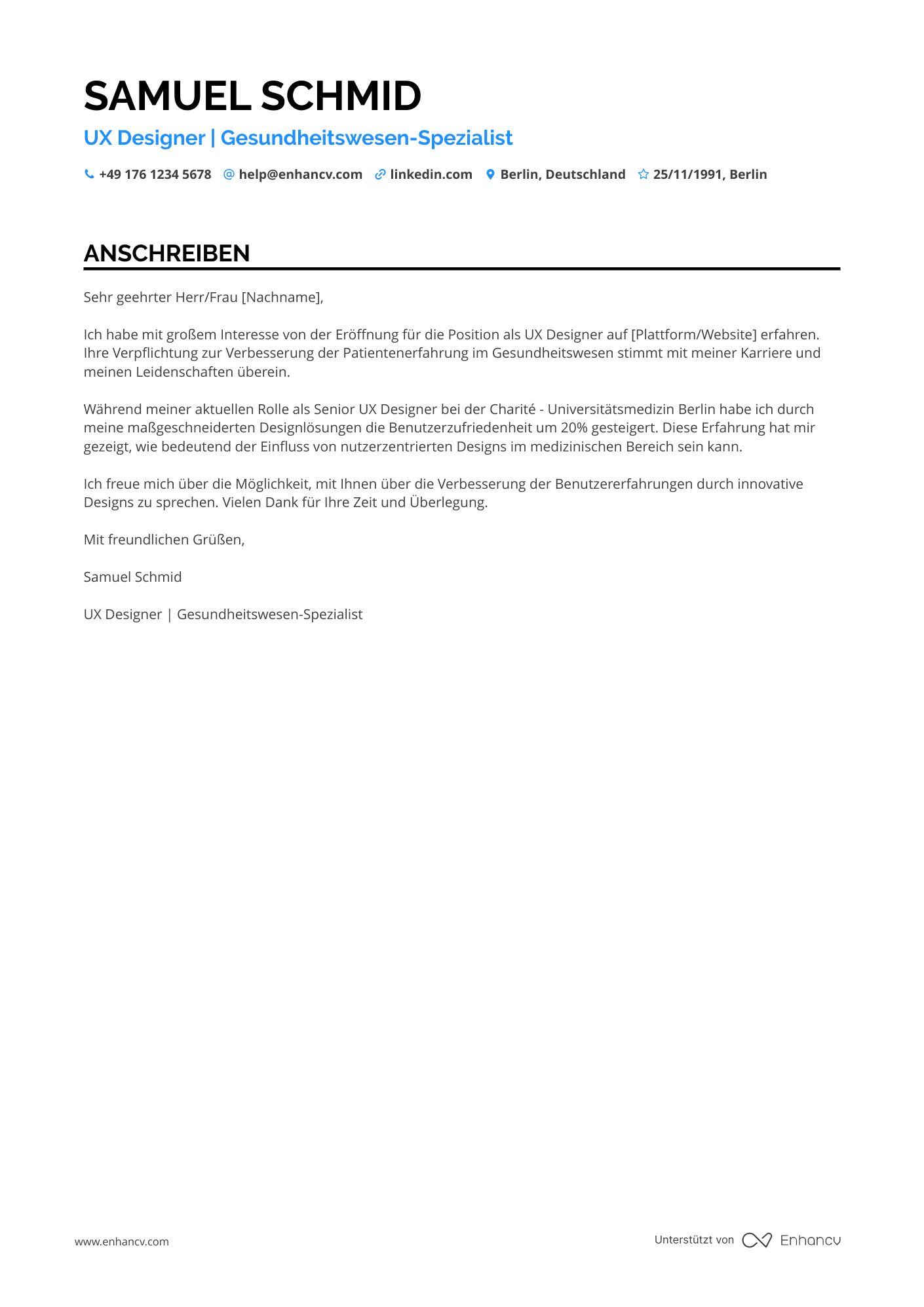 UX Designer für Gesundheitswesen Resume Example