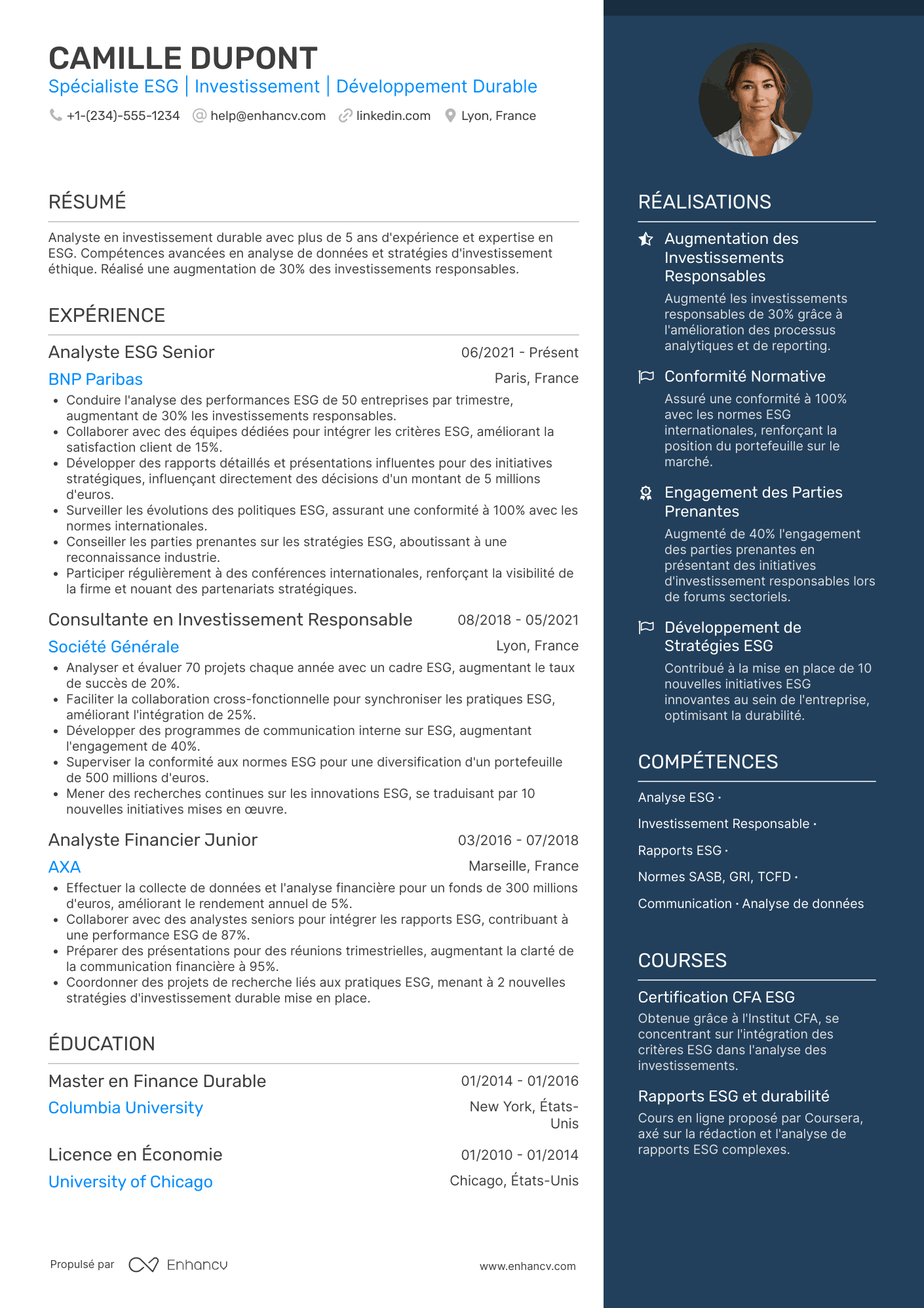 CV spécialiste ESG Resume Example