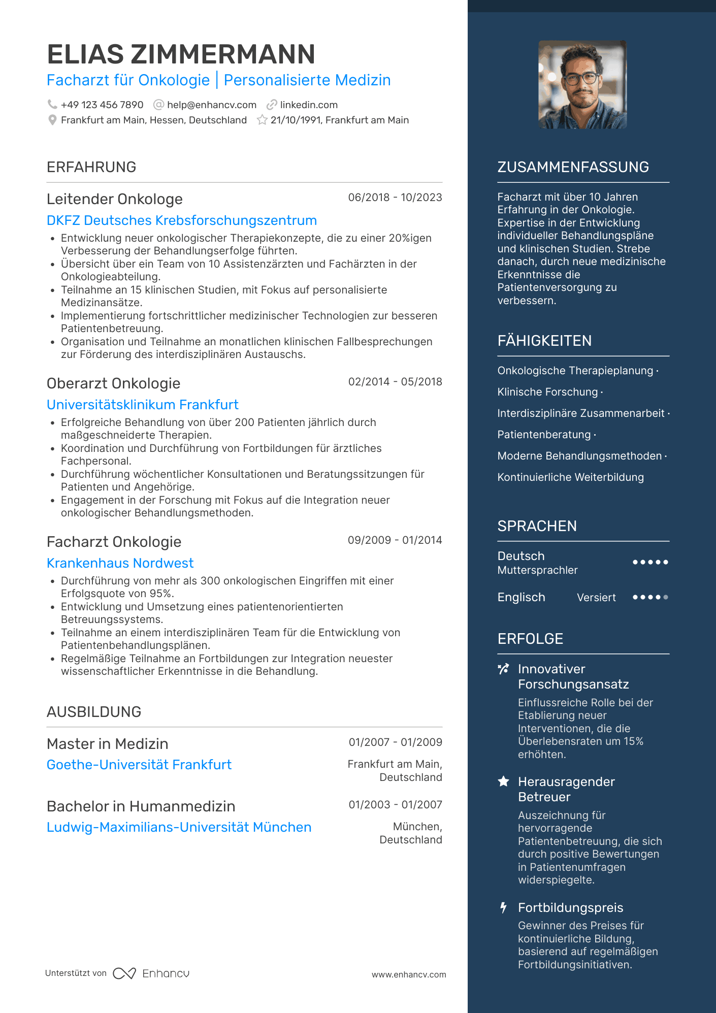 Lebenslauf in Arzt in der Onkologie Resume Example