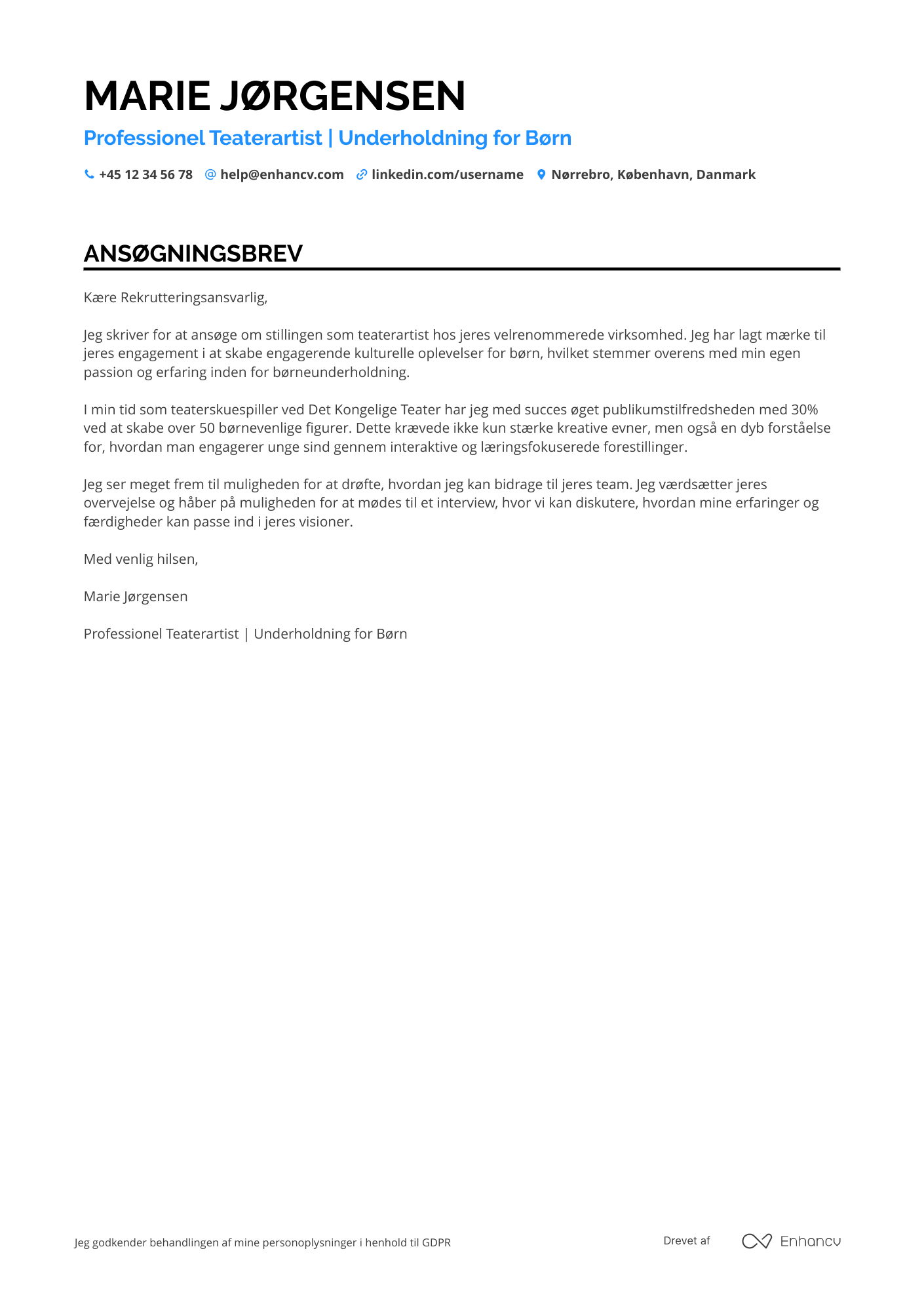Ansøgningsbrev til Skuespiller i børneunderholdning Resume Example