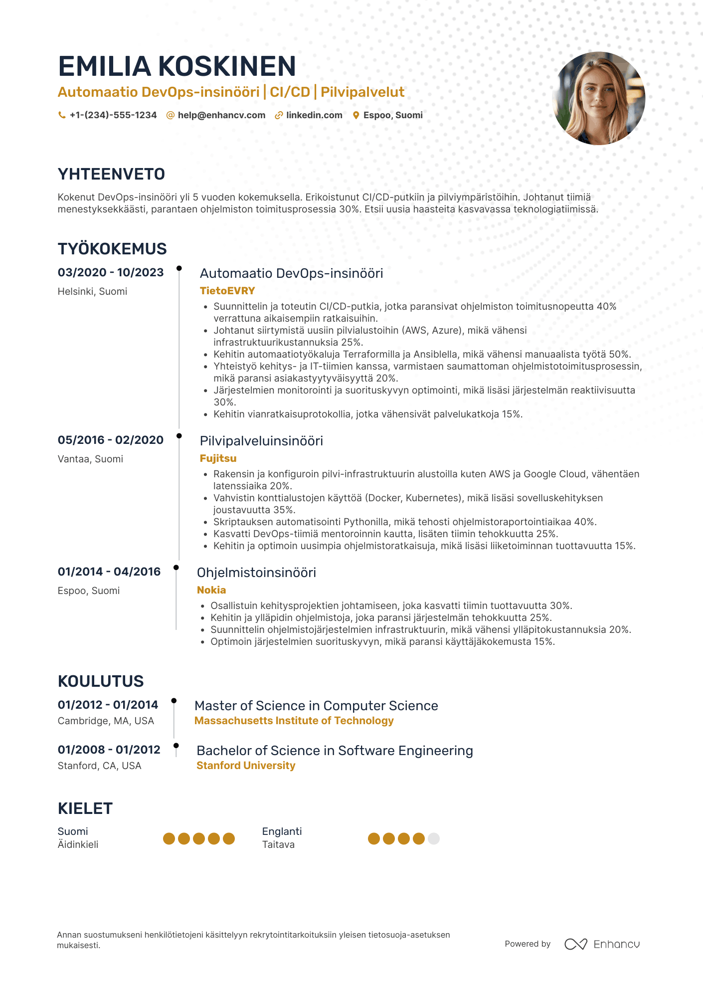 Ansioluettelo Automaatio DevOps insinööri Resume Example
