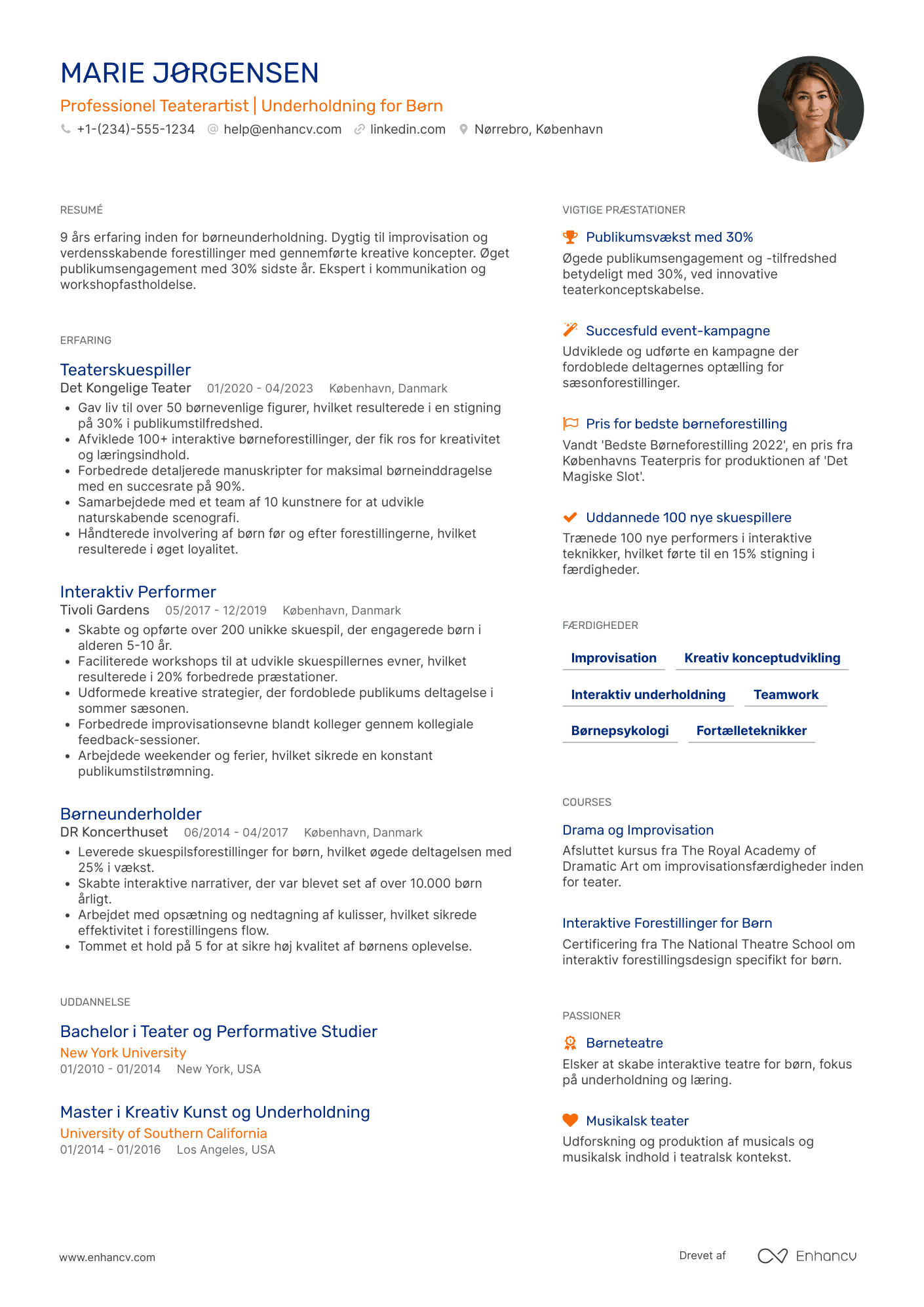CV til Skuespiller i børneunderholdning Resume Example