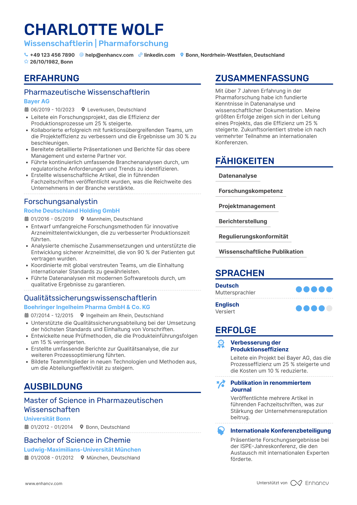 Lebenslauf in Akademiker in der Pharmaindustrie Resume Example