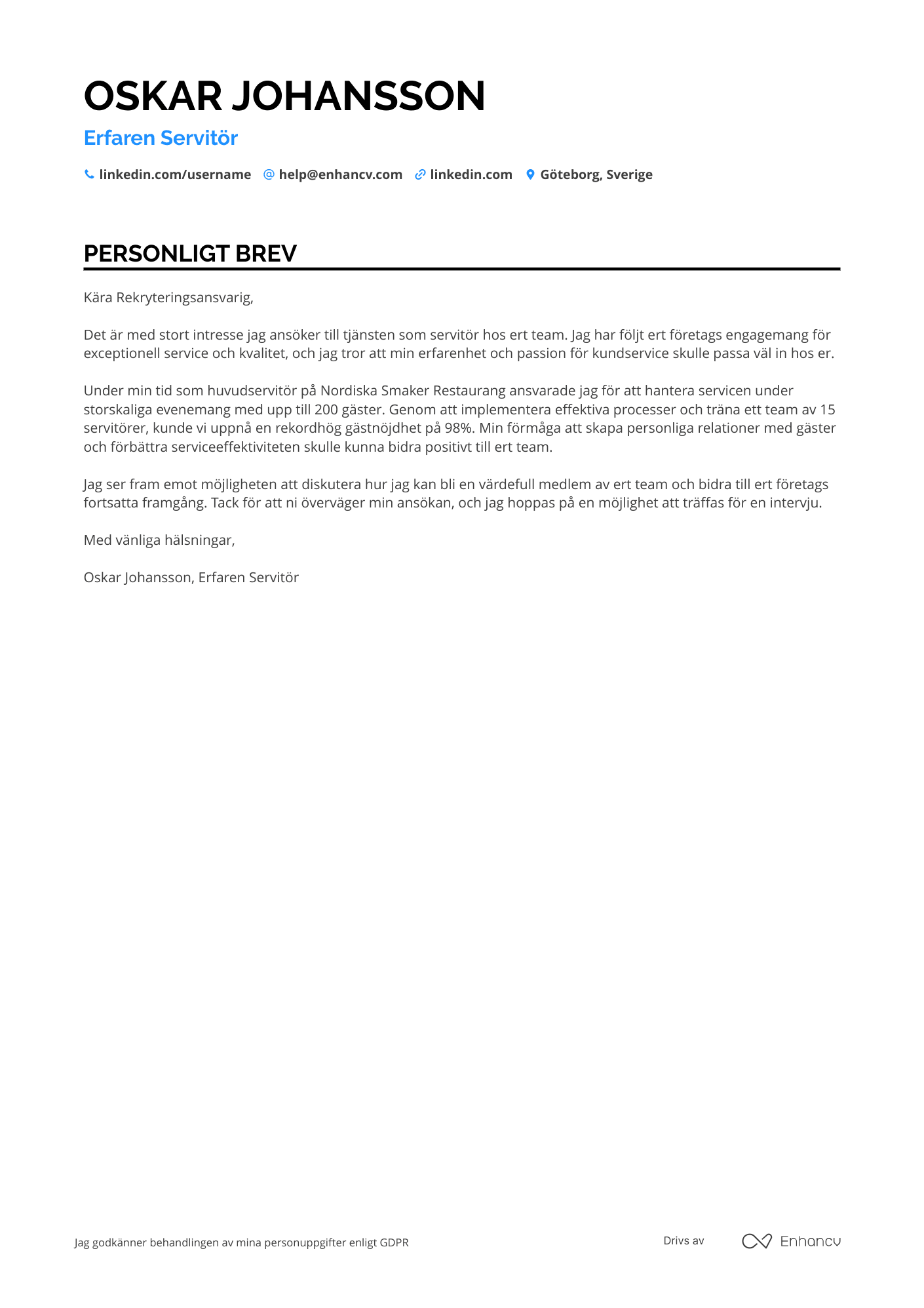 Personligt brev för Service Servitris Resume Example