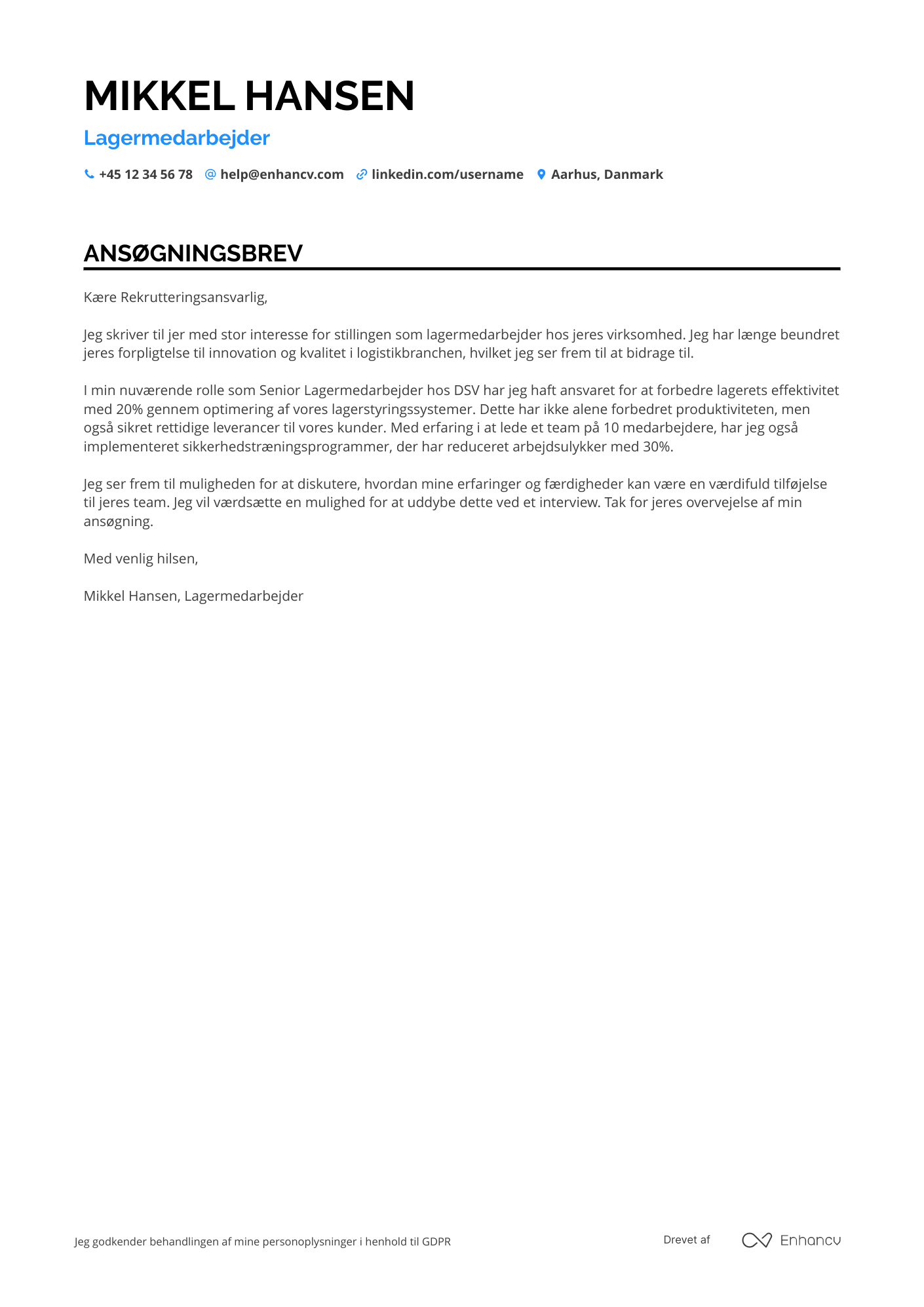 Ansøgningsbrev til Lagermedarbejder i logistikbranchen Resume Example