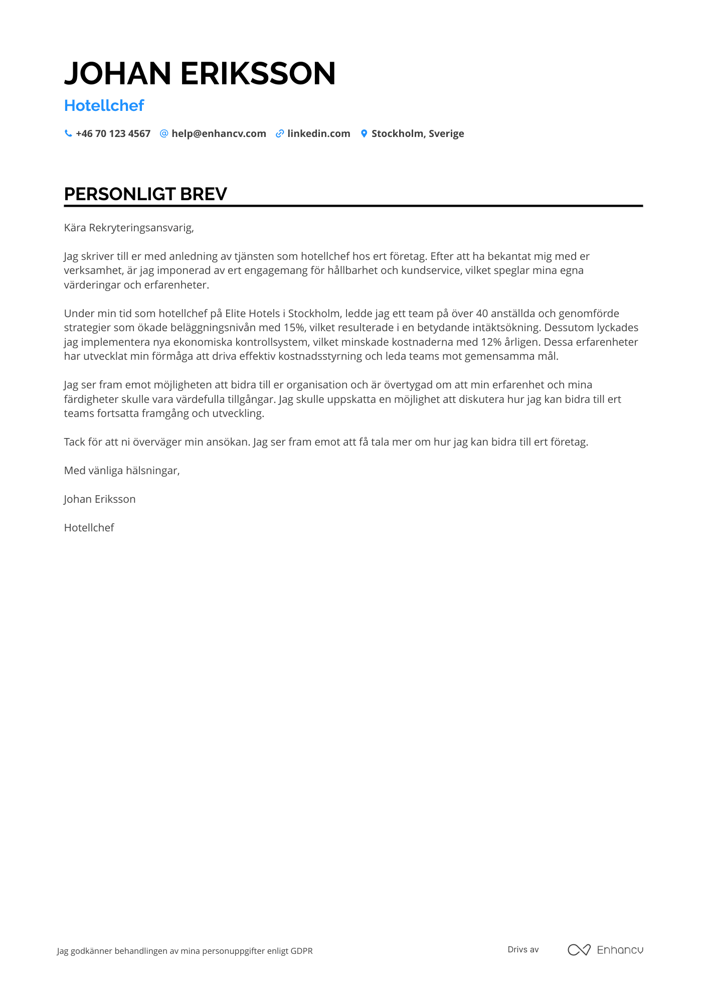 Personligt brev för Hotellchef förvaltning Resume Example