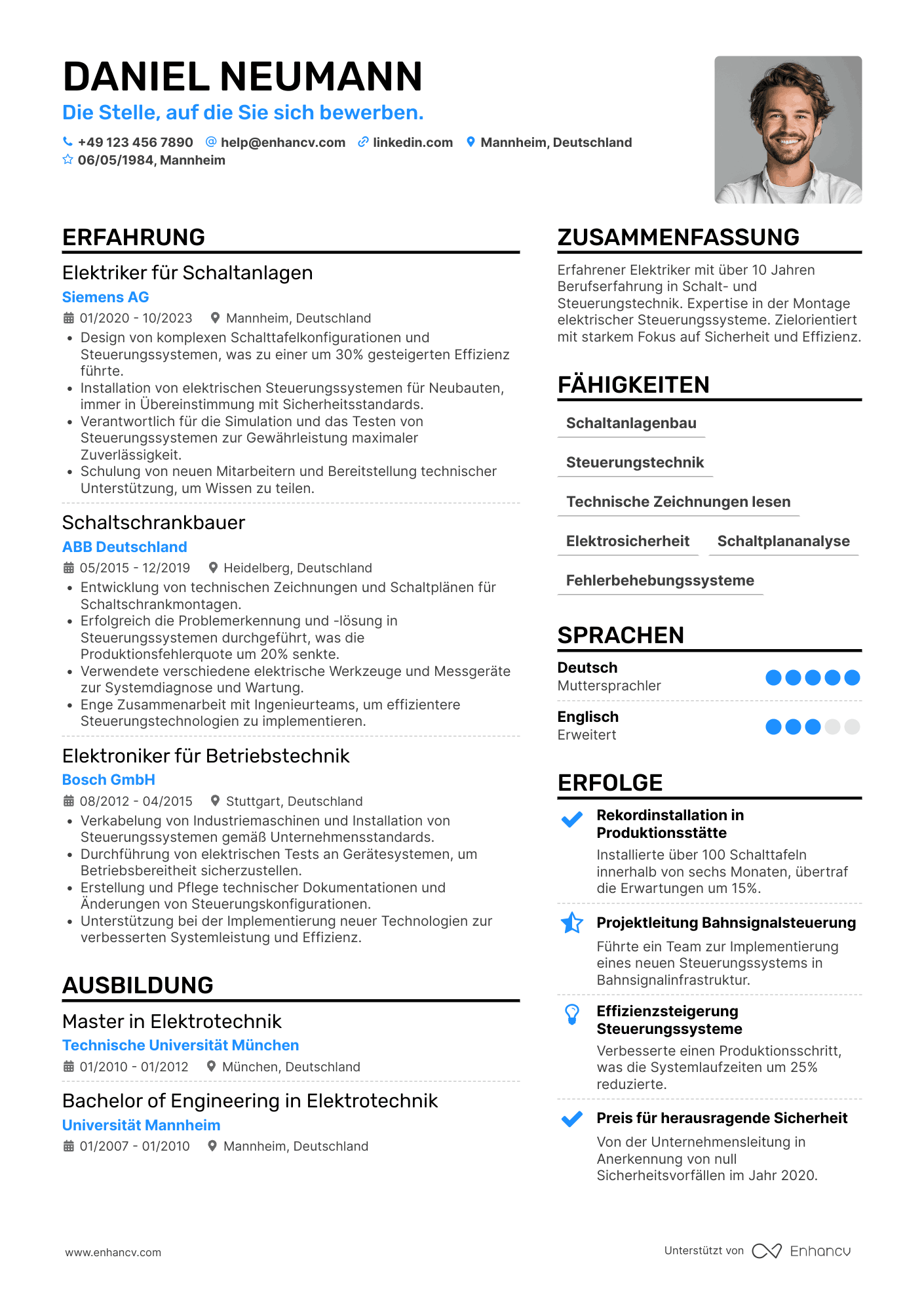 Lebenslauf als Elektriker für Schalt  und Steueranlagen Resume Example