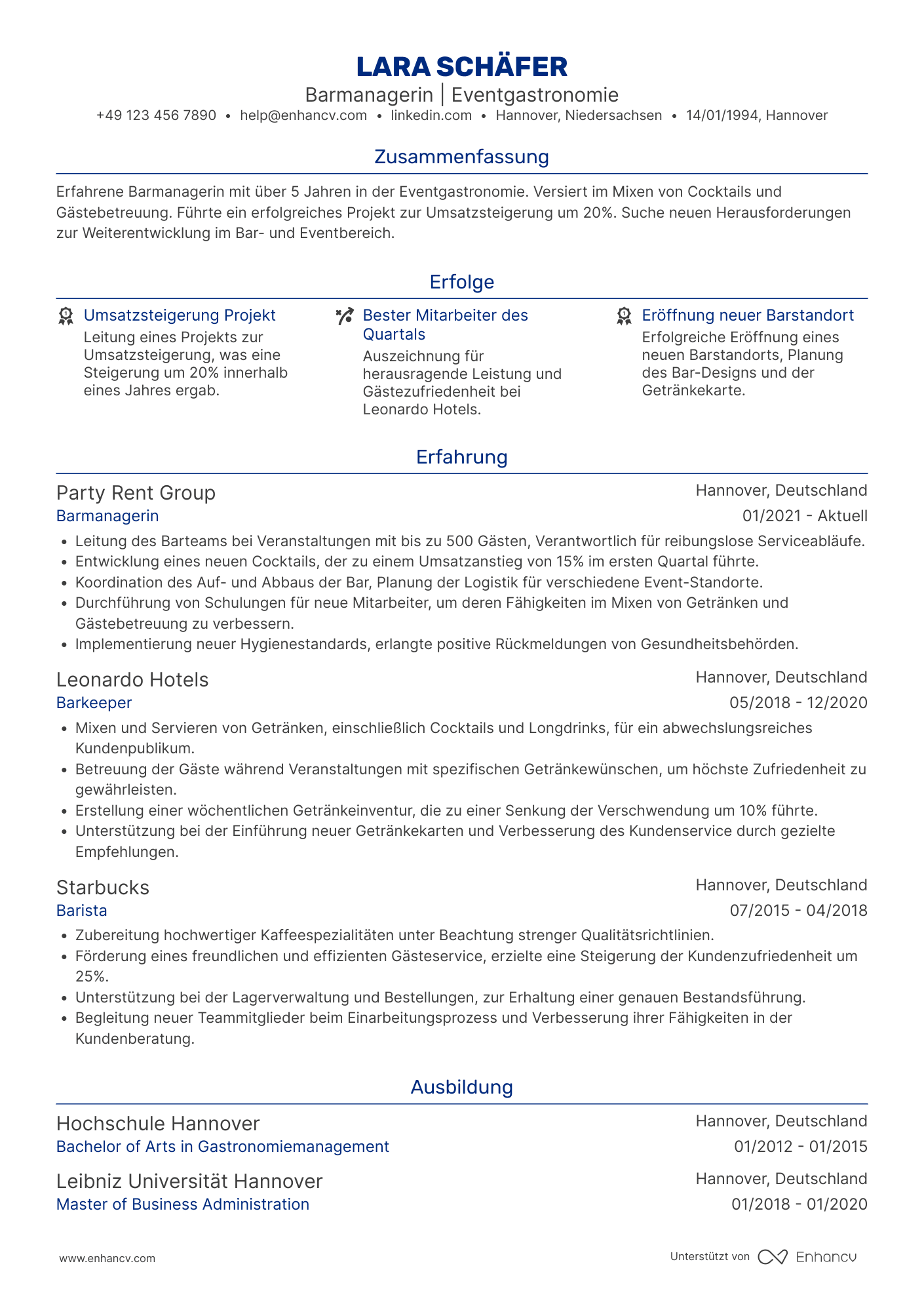 Lebenslauf als Barmann für Veranstaltungen Resume Example