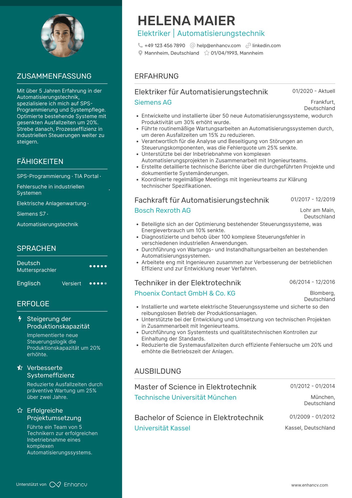 Lebenslauf als Elektriker für Automatisierungstechnik Resume Example