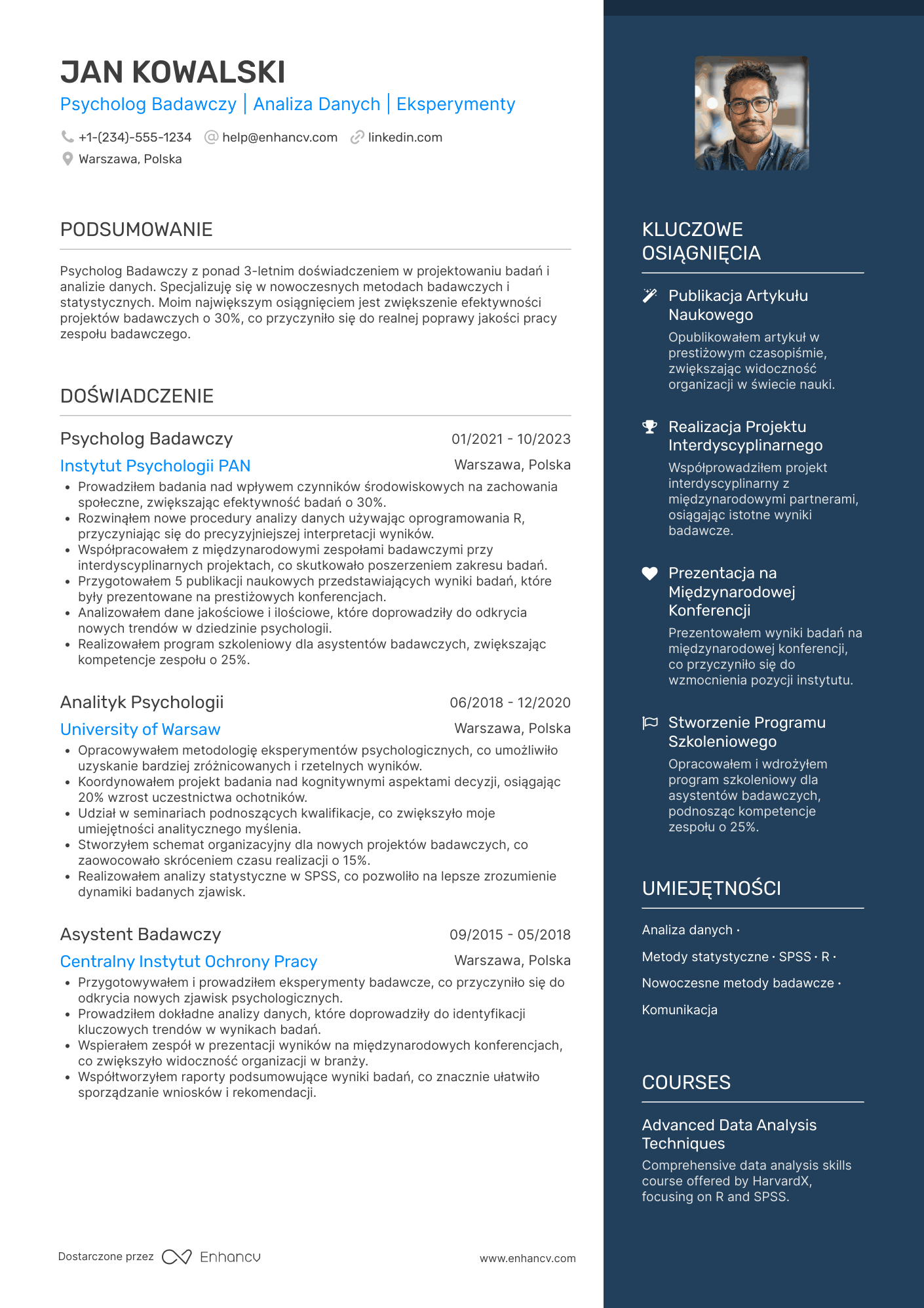 CV dla Psycholog badawczy Resume Example