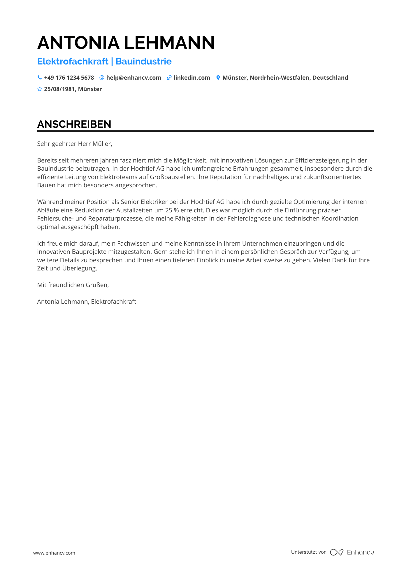 Elektriker in der Bauindustrie Resume Example