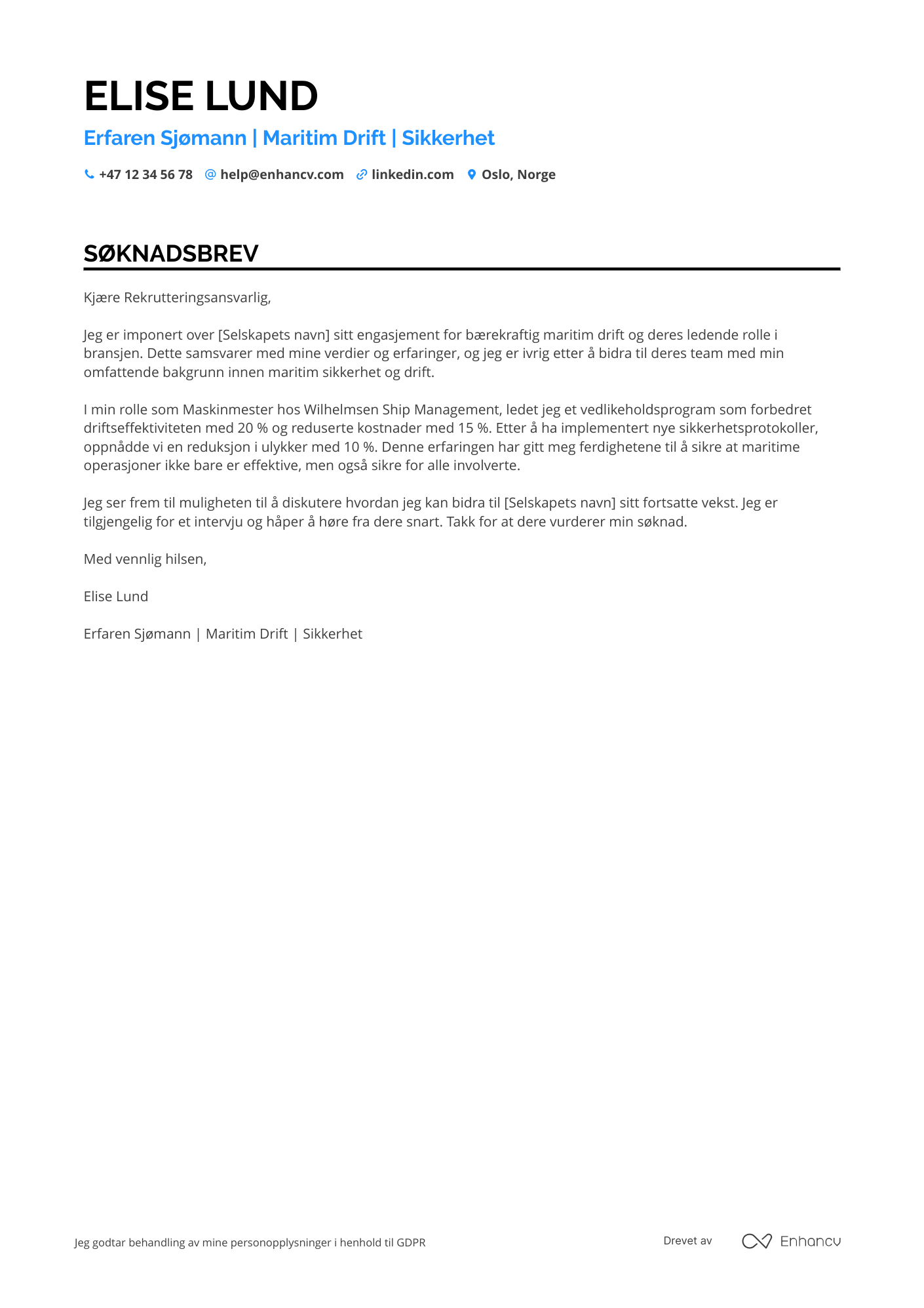 Søknadsbrev for Sjømann Handelsflåte Resume Example