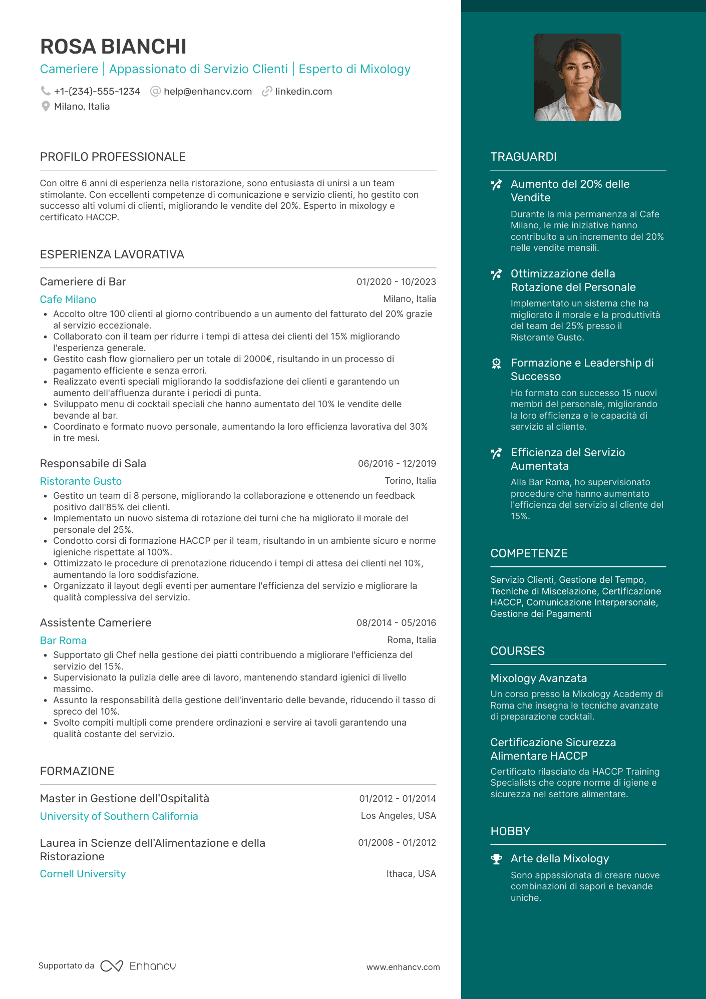 Cameriere di bar Resume Example