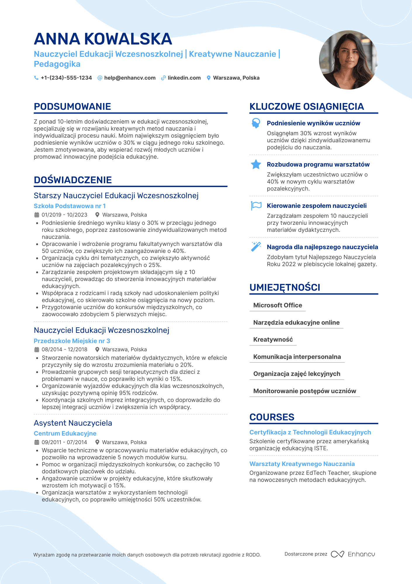 CV dla Nauczyciel Edukacji Wczesnoszkolnej Korepetytor Resume Example