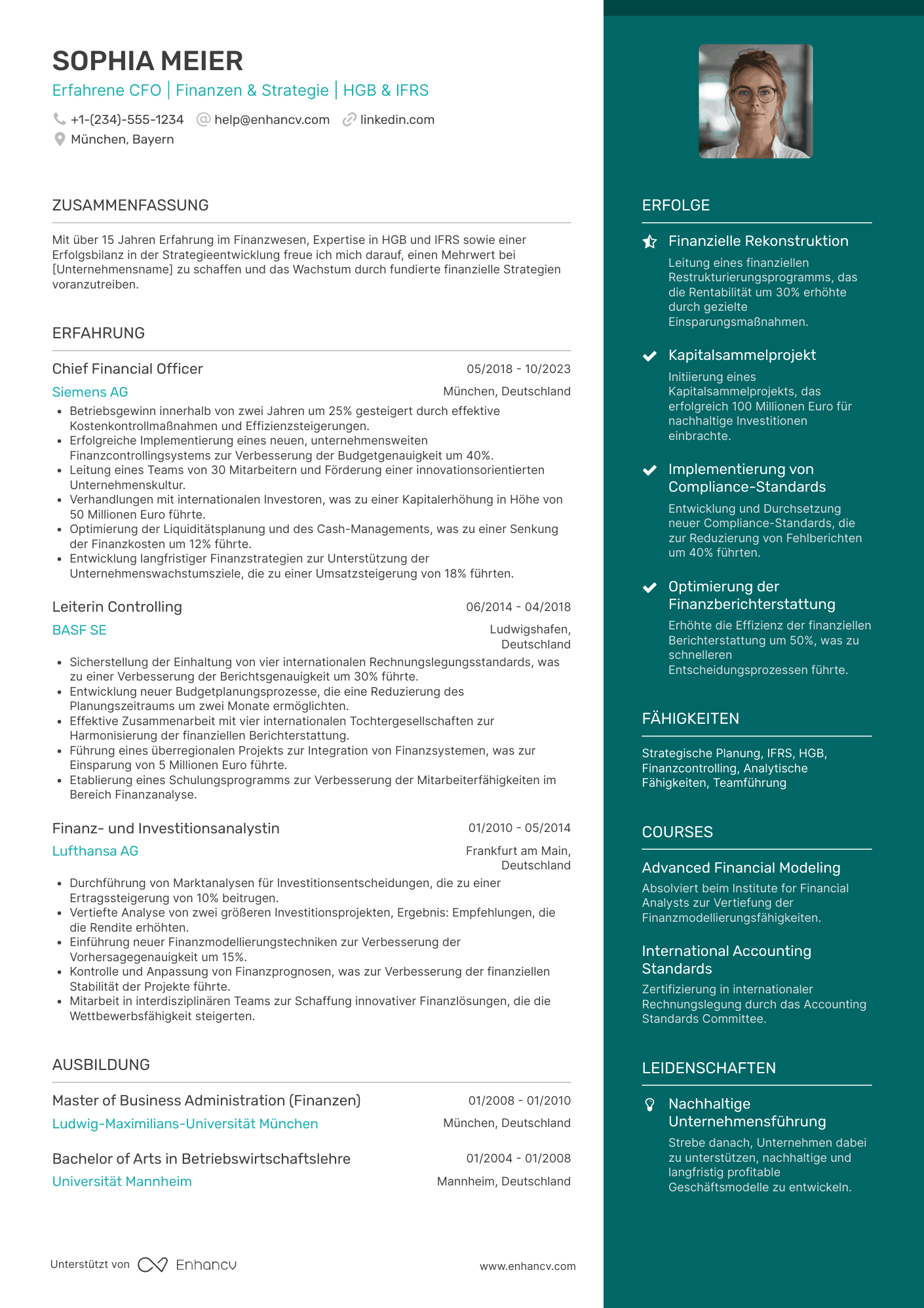 CFO / Kaufmännische Leitung Resume Example