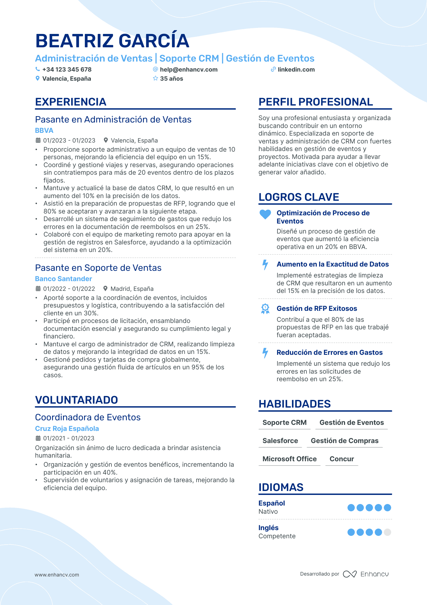 Estudiante de prácticas en administración de empresas Resume Example