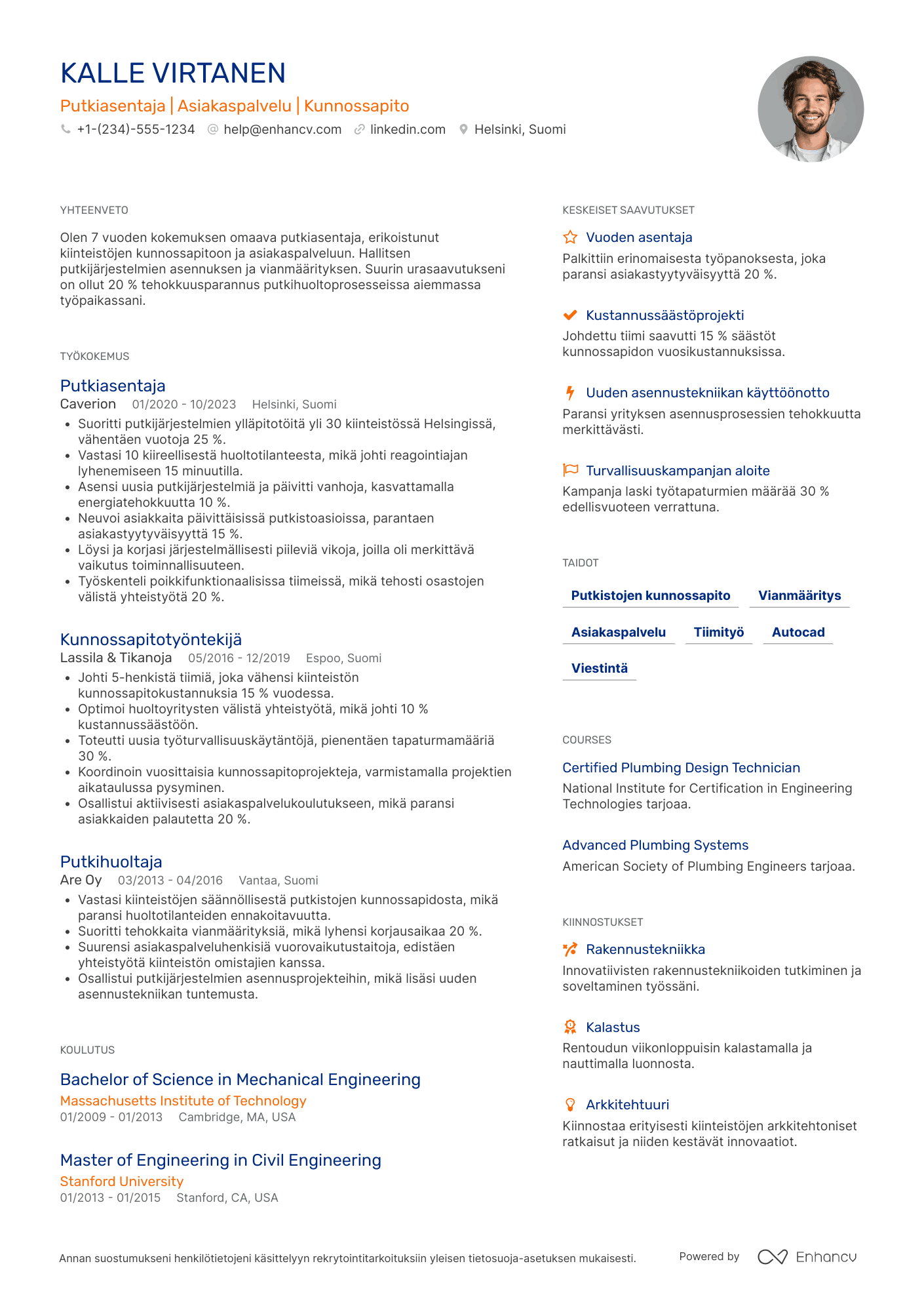 Ansioluettelo Putkiasentaja kiinteistöhuollossa Resume Example