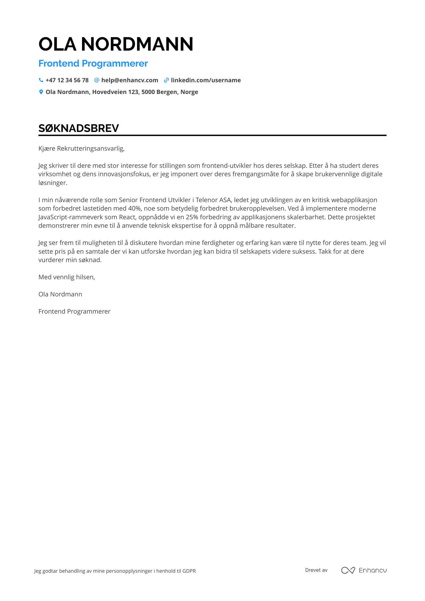 Søknadsbrev for Frontend Programmerer Resume Example
